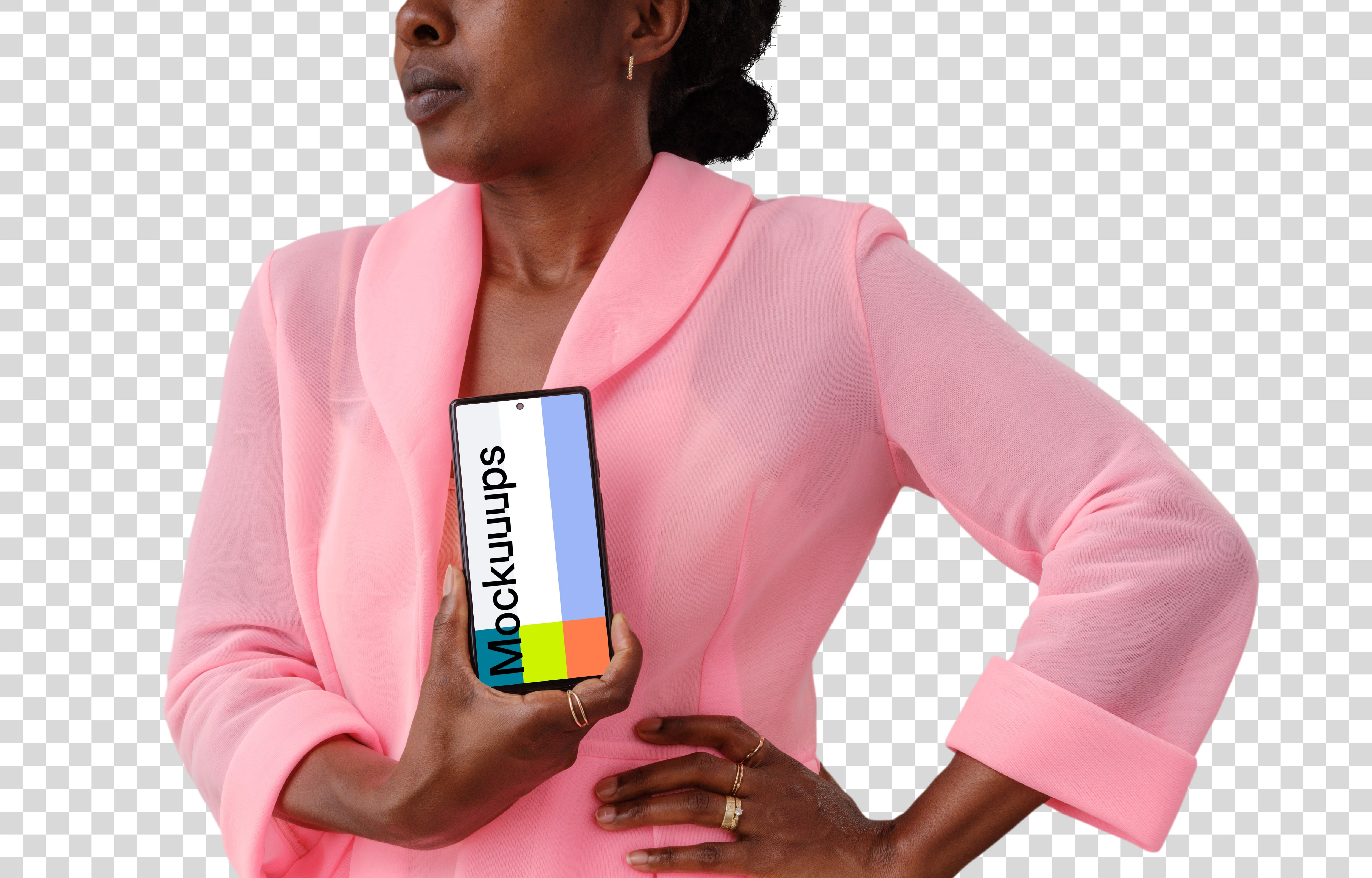 Businesswoman with a Google Pixel 6 mockup in her hand