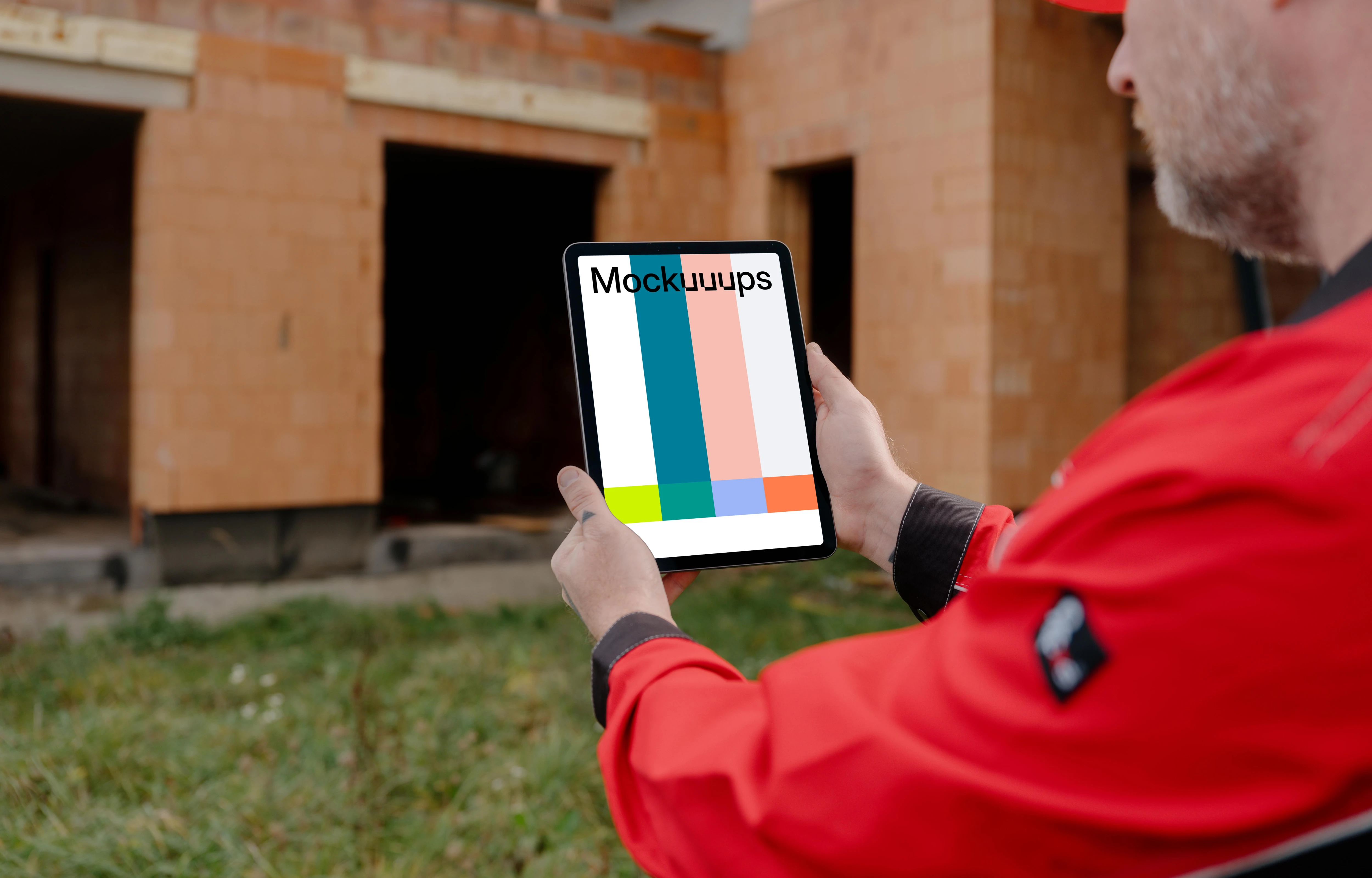 Designer on the construction site working on the iPad mockup