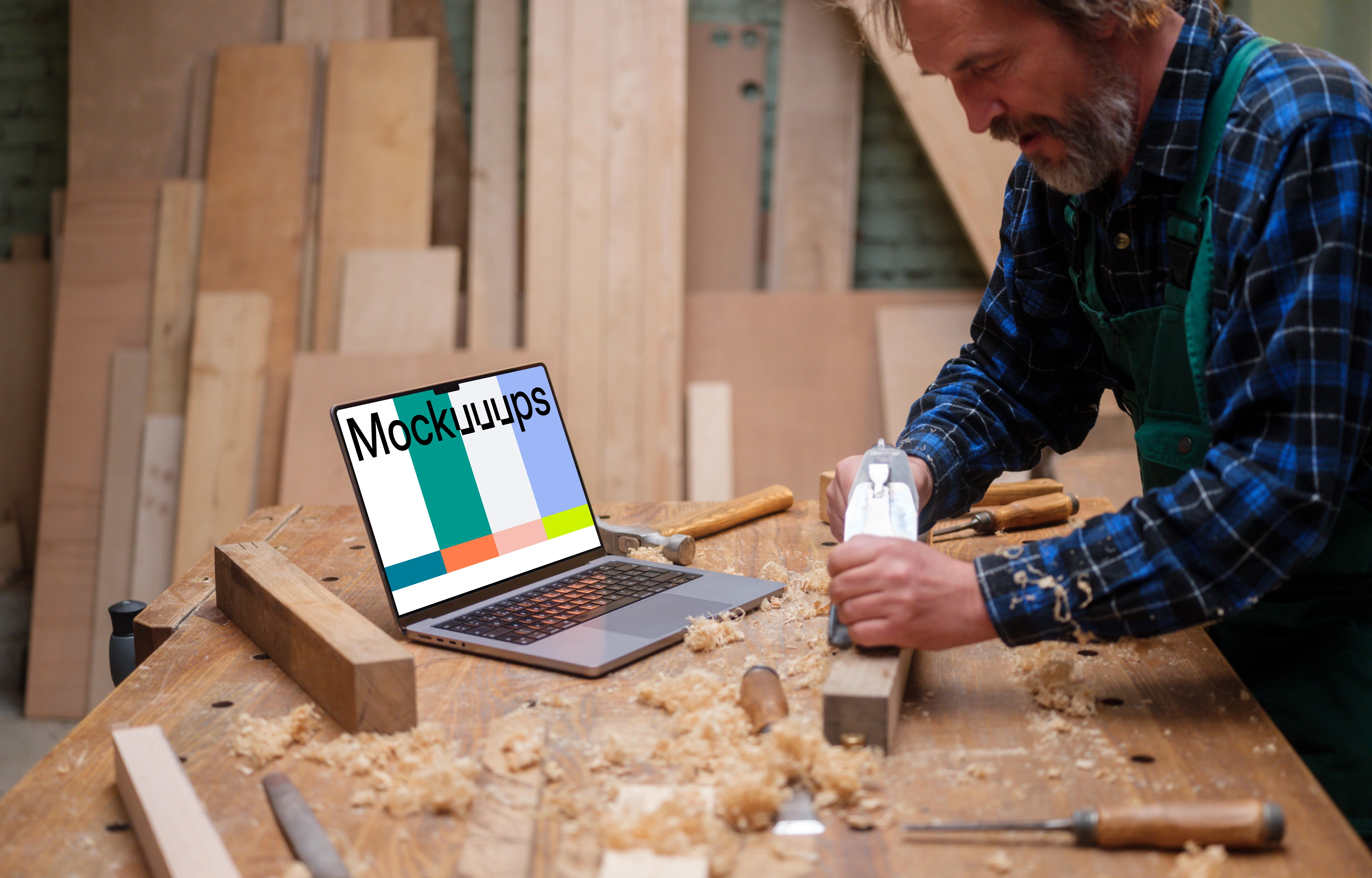 Carpenter standing next to the MacBook Pro mockup