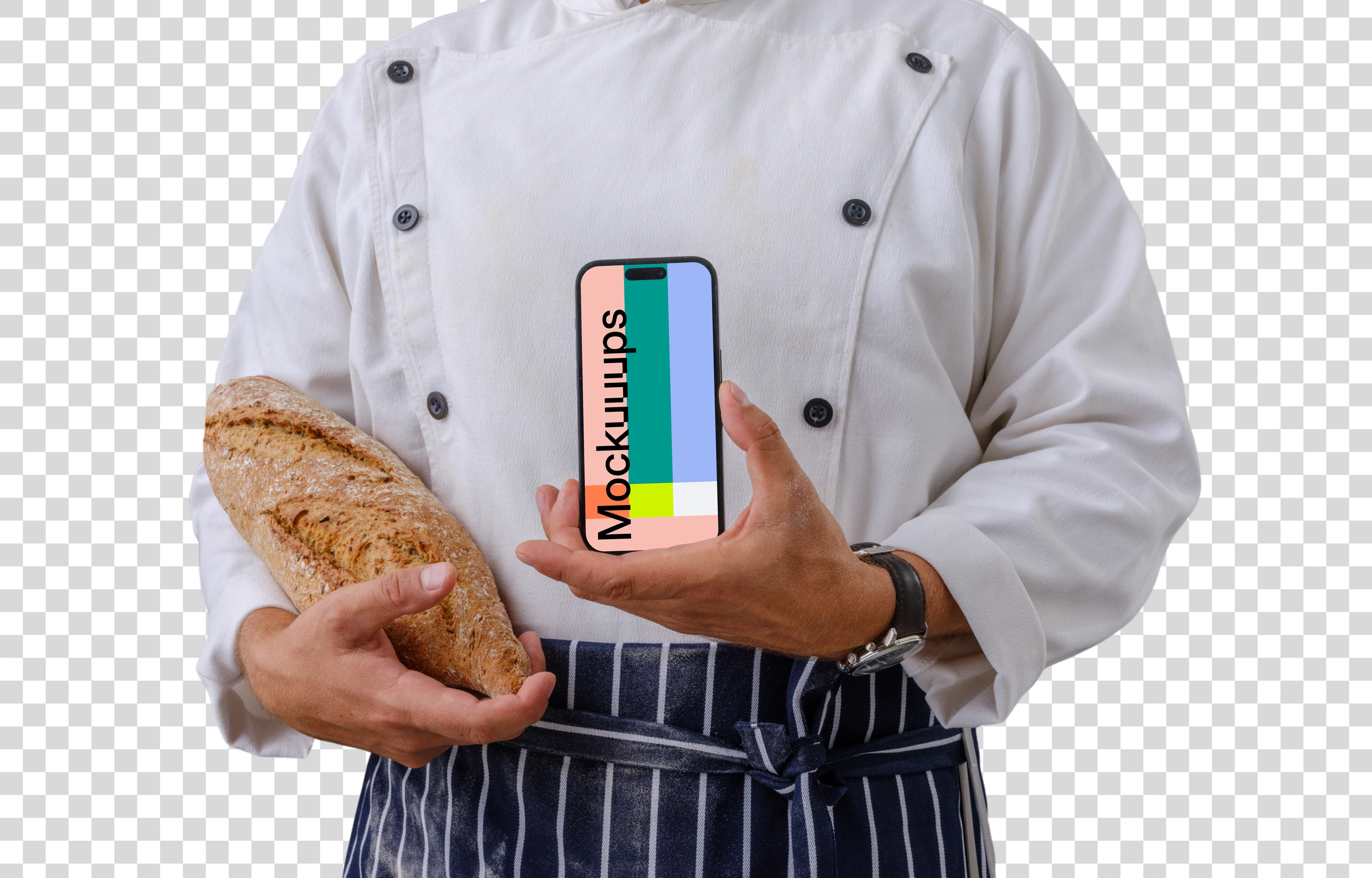 Chef holding firmly an iPhone and a bread