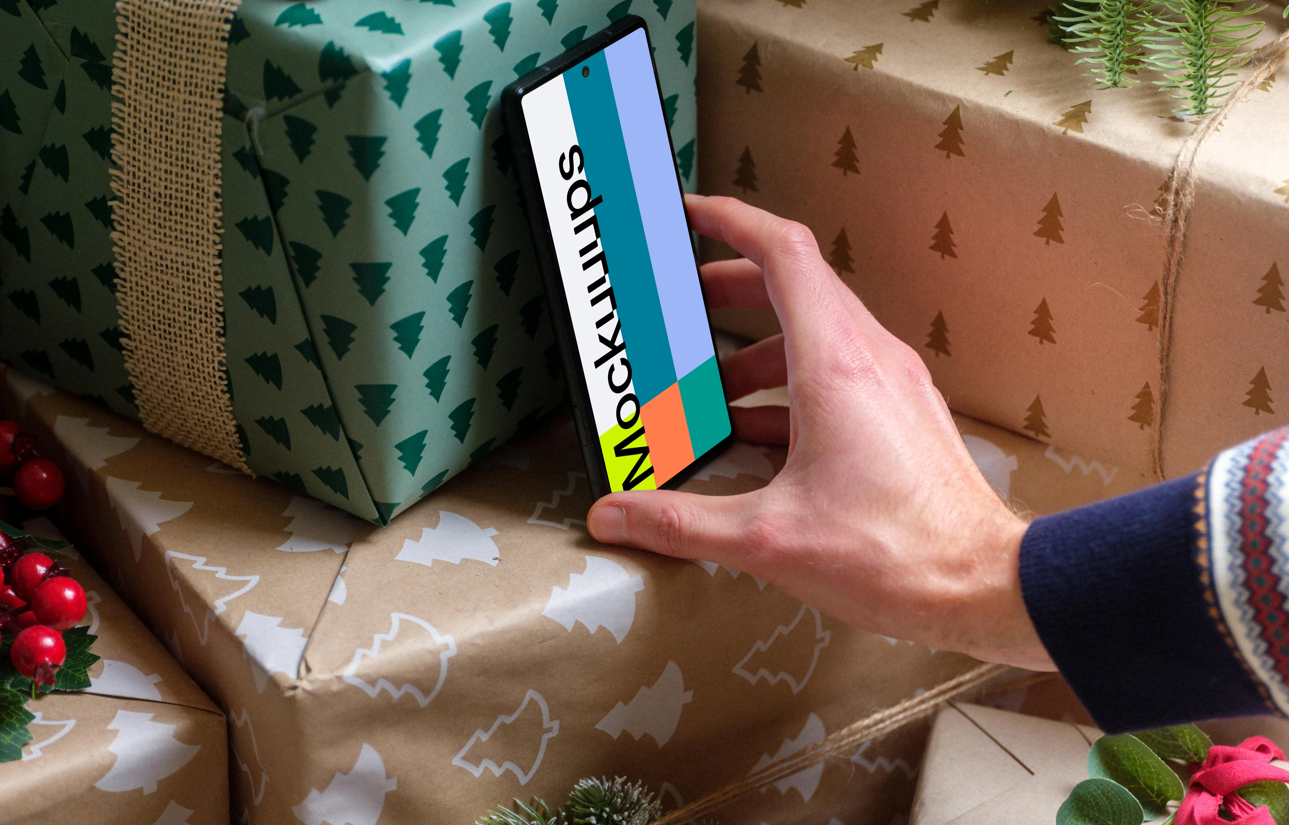 Christmas mockup with Google Pixel under the Christmas tree