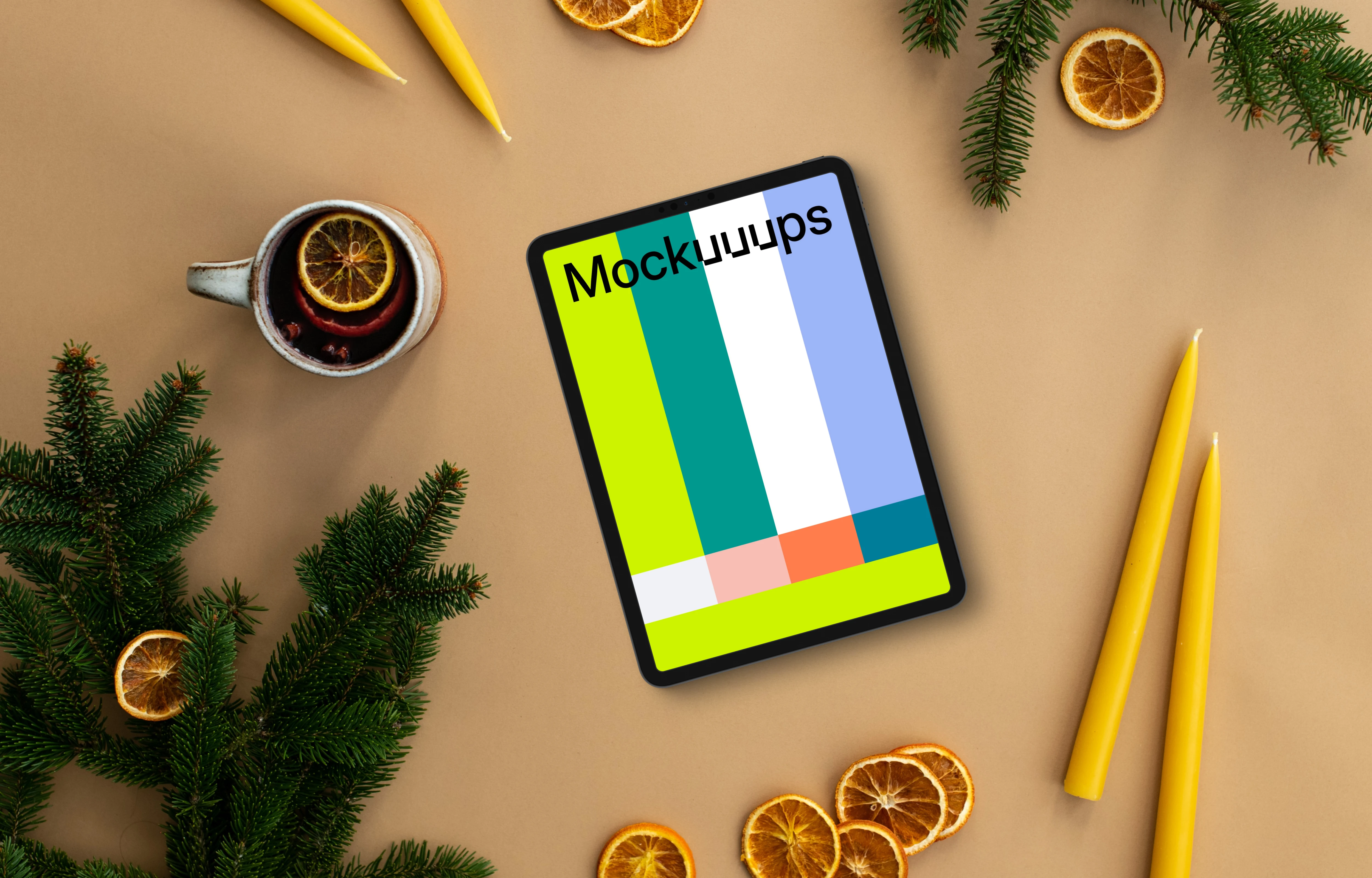 Christmas tablet mockup on beige background