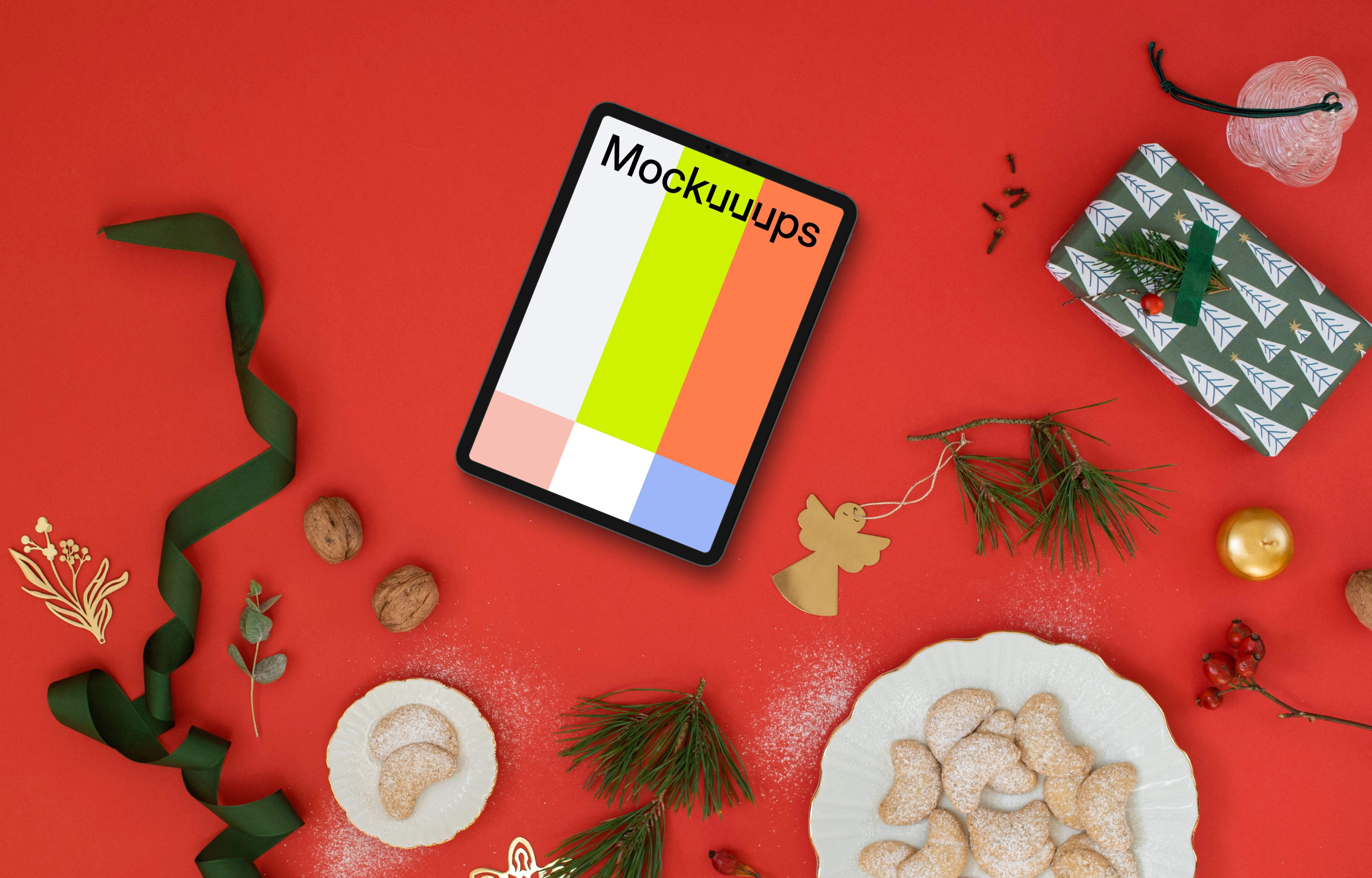 Christmas tablet mockup on red background