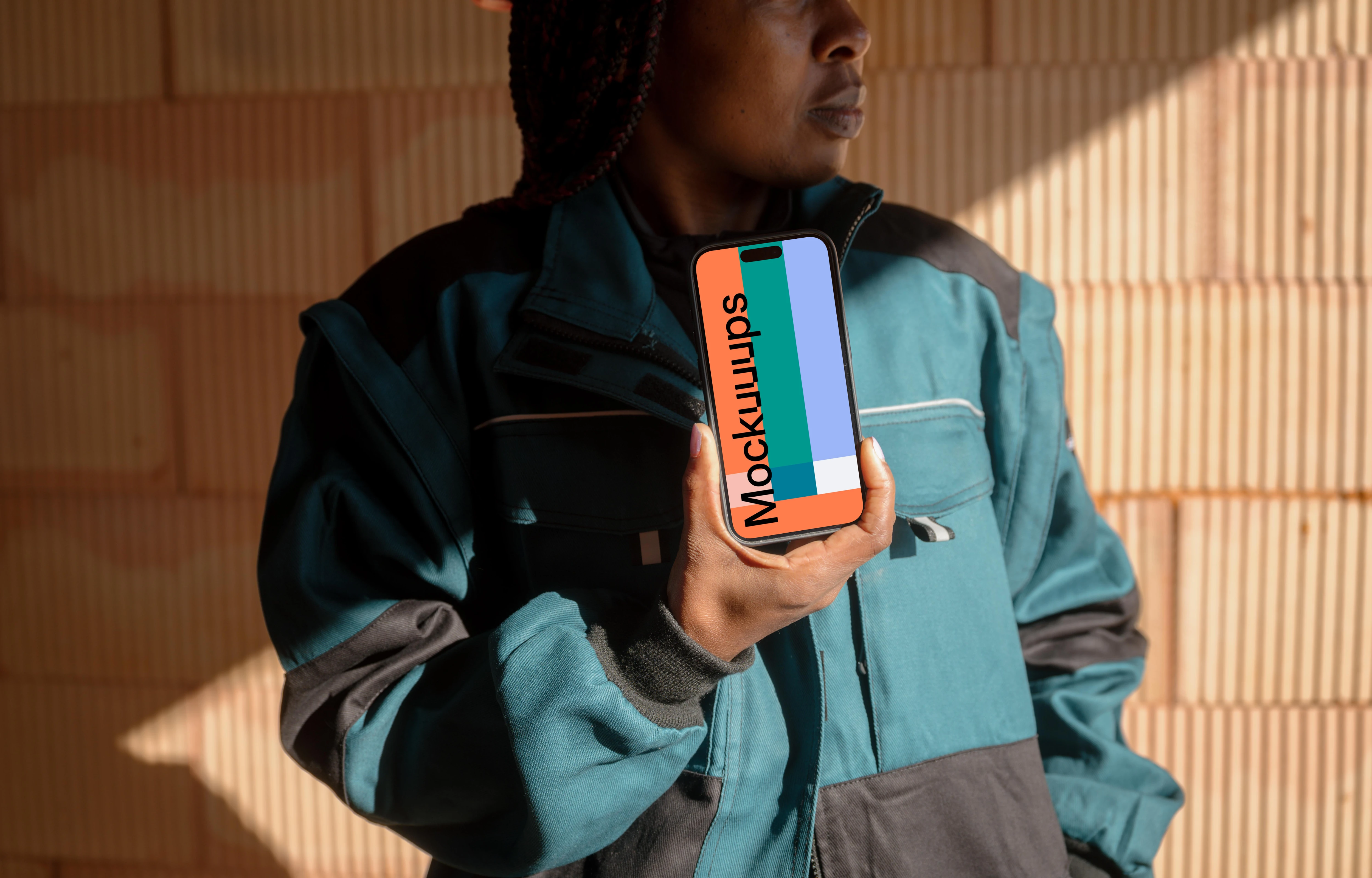 Construction worker presenting an iPhone mockup