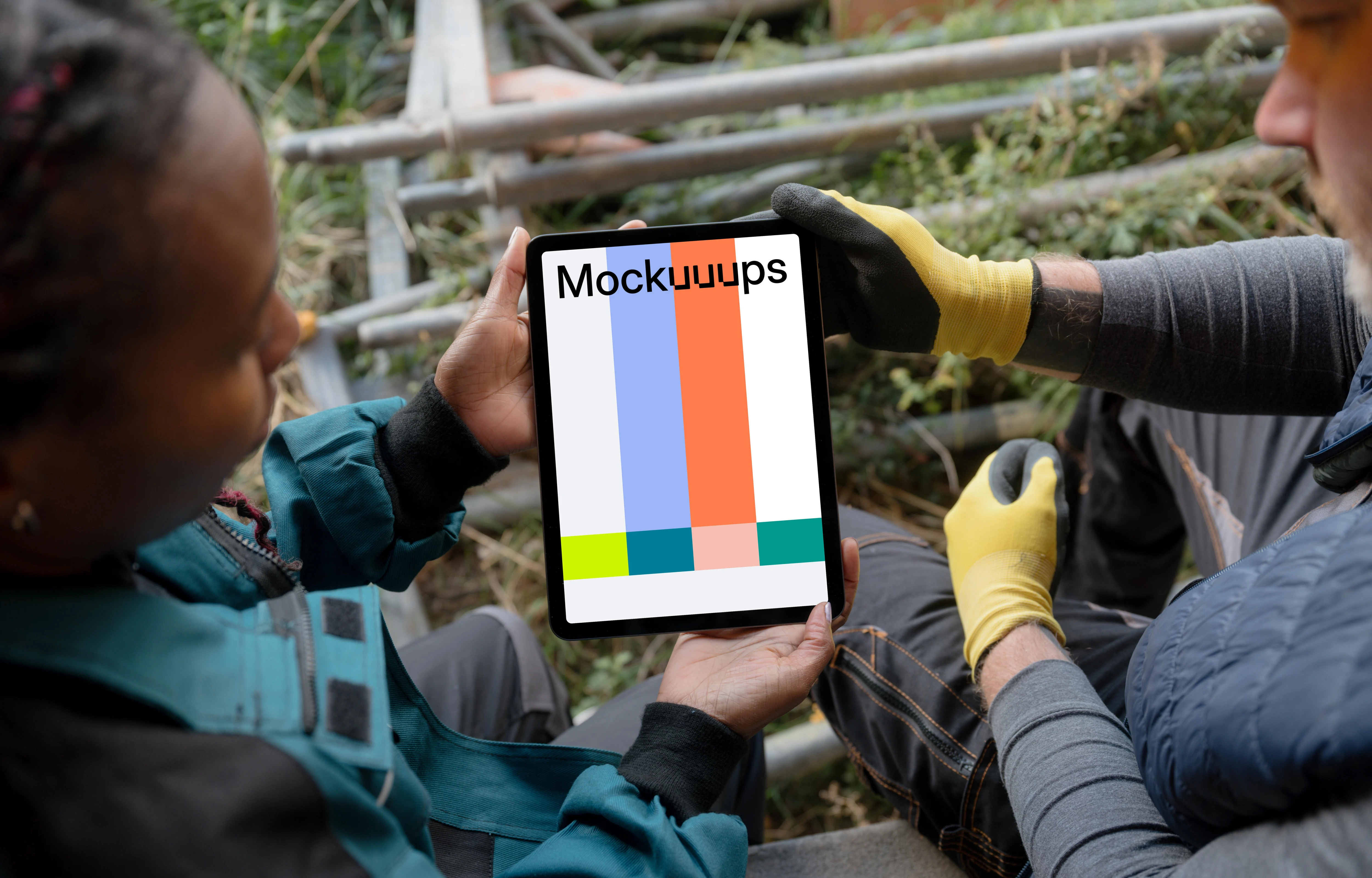 Construction workers with an iPad mockup