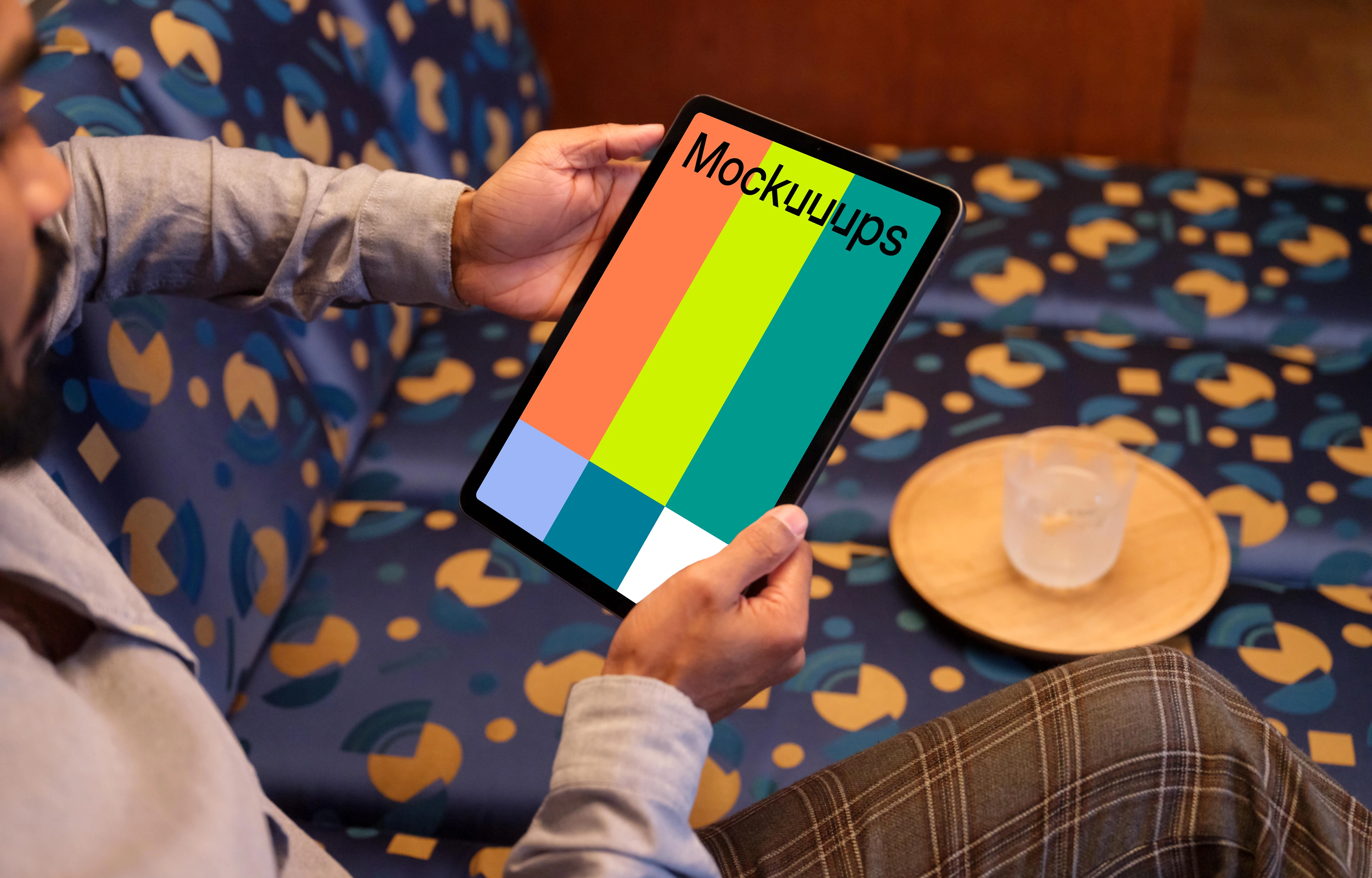 Cozy lounge setting and iPad mockup