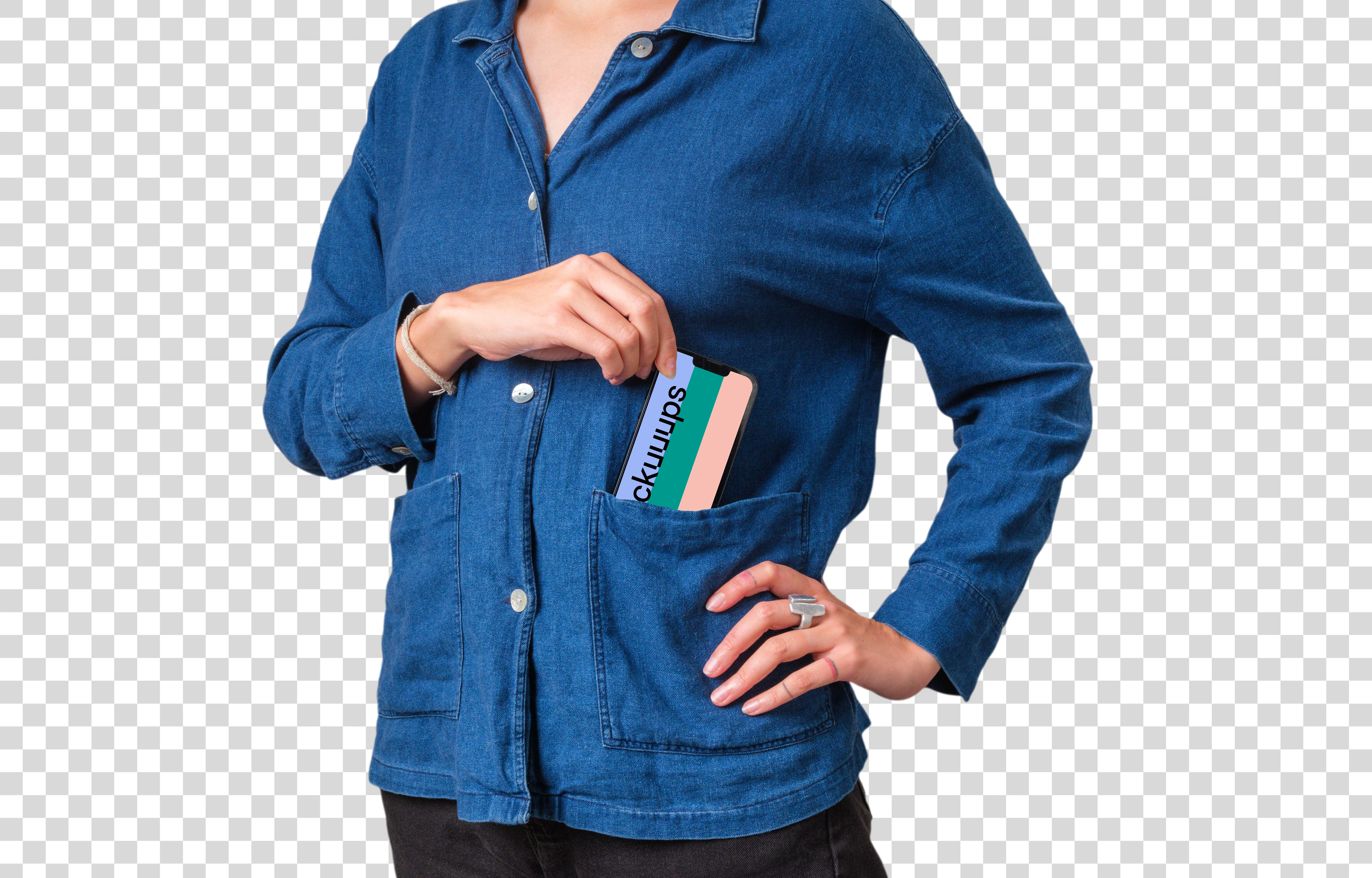 Woman pulling out iPhone from the shirt pocket
