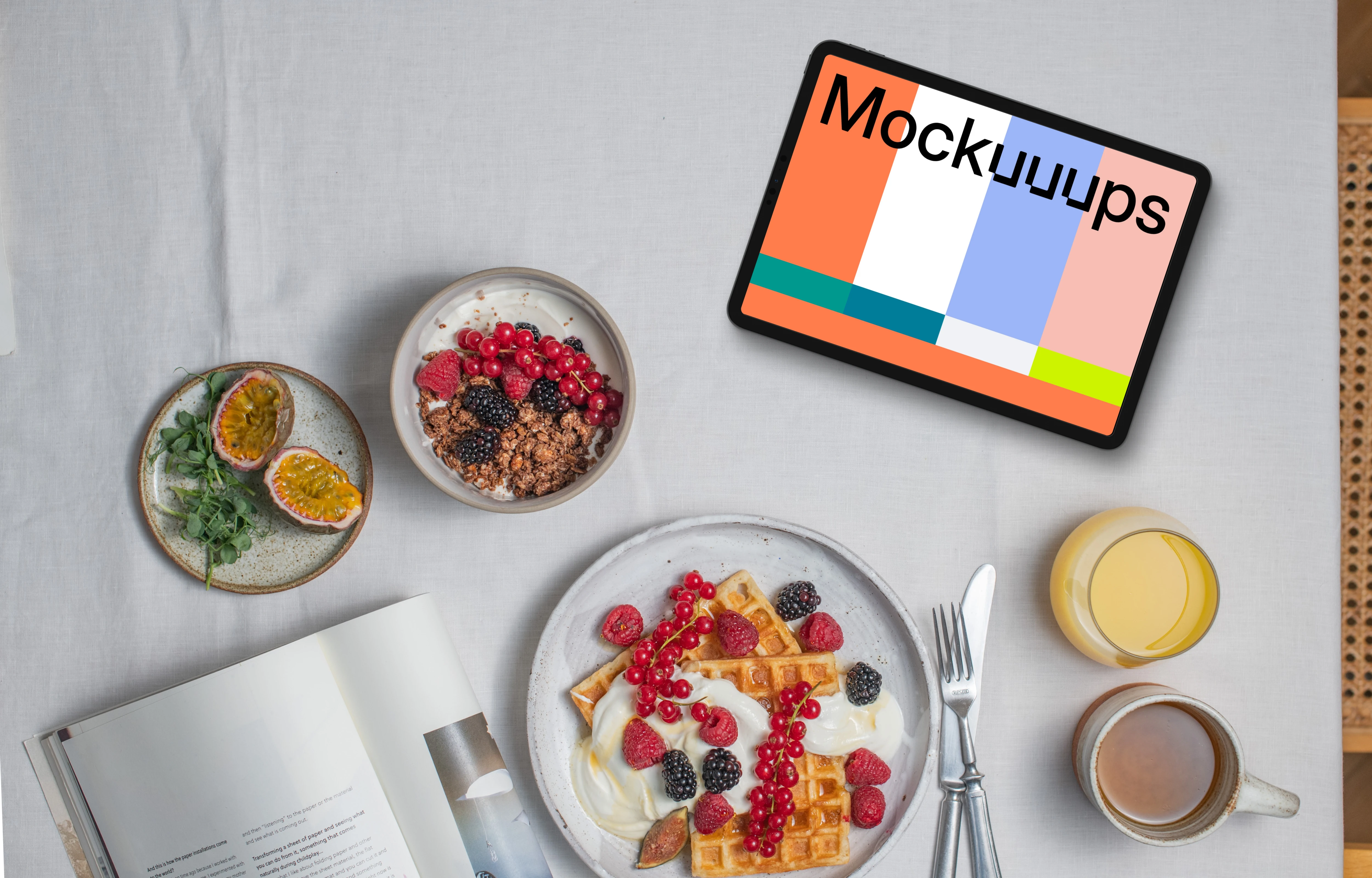Delicious breakfast waffles next to the tablet mockup