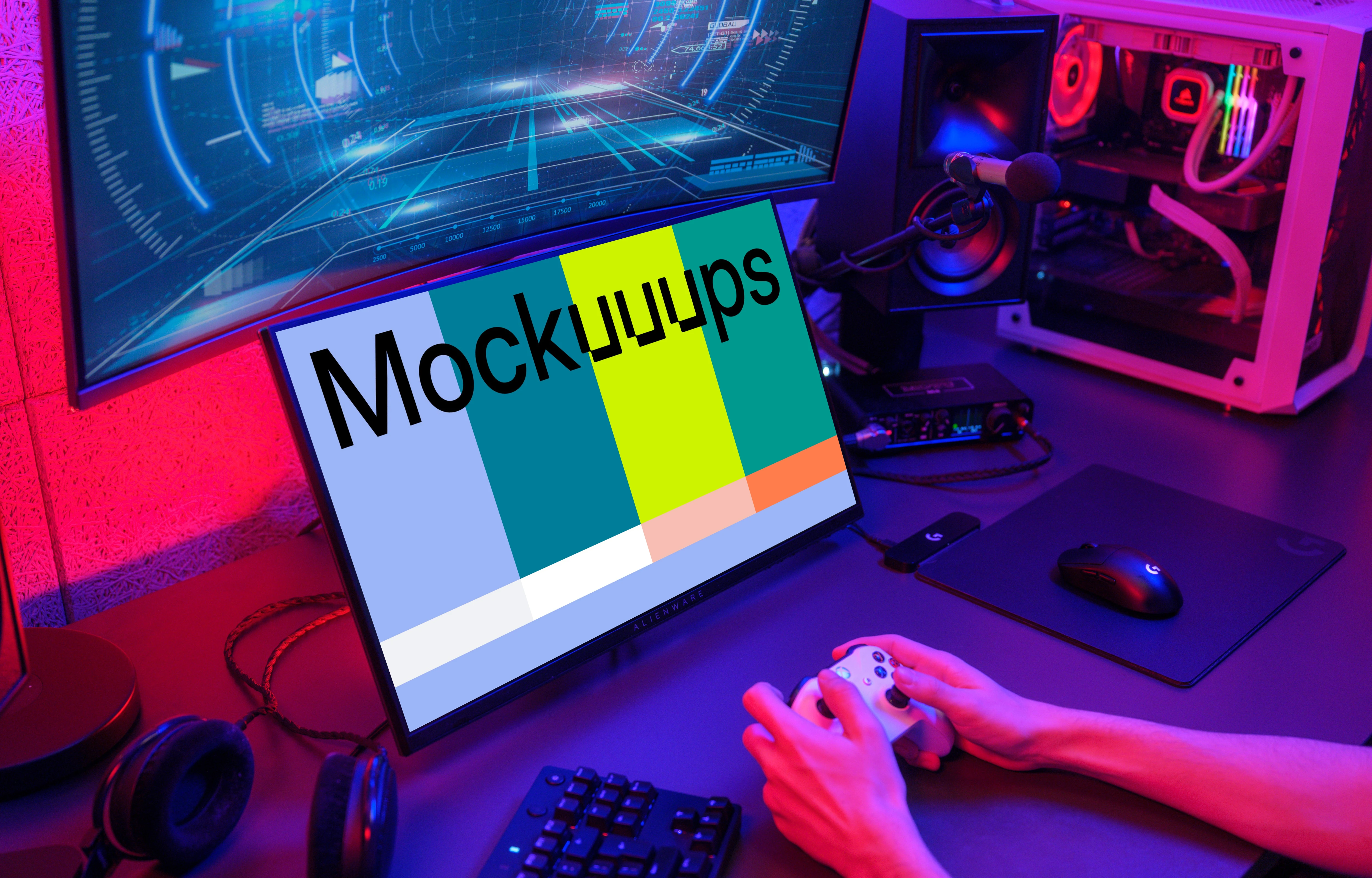 Dell display mockup in vibrant gaming setup
