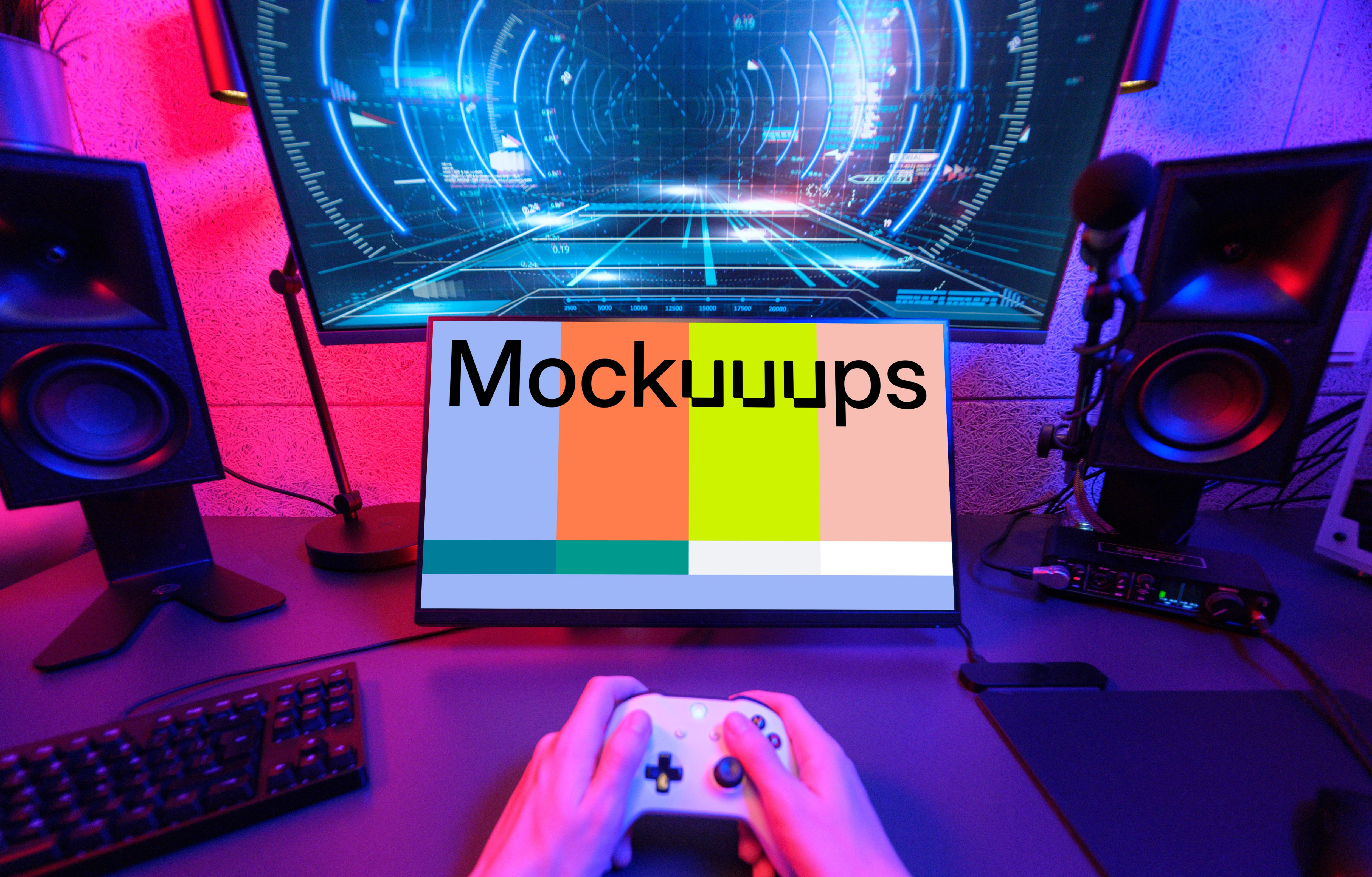 Dell monitor mockup with vibrant gaming setup