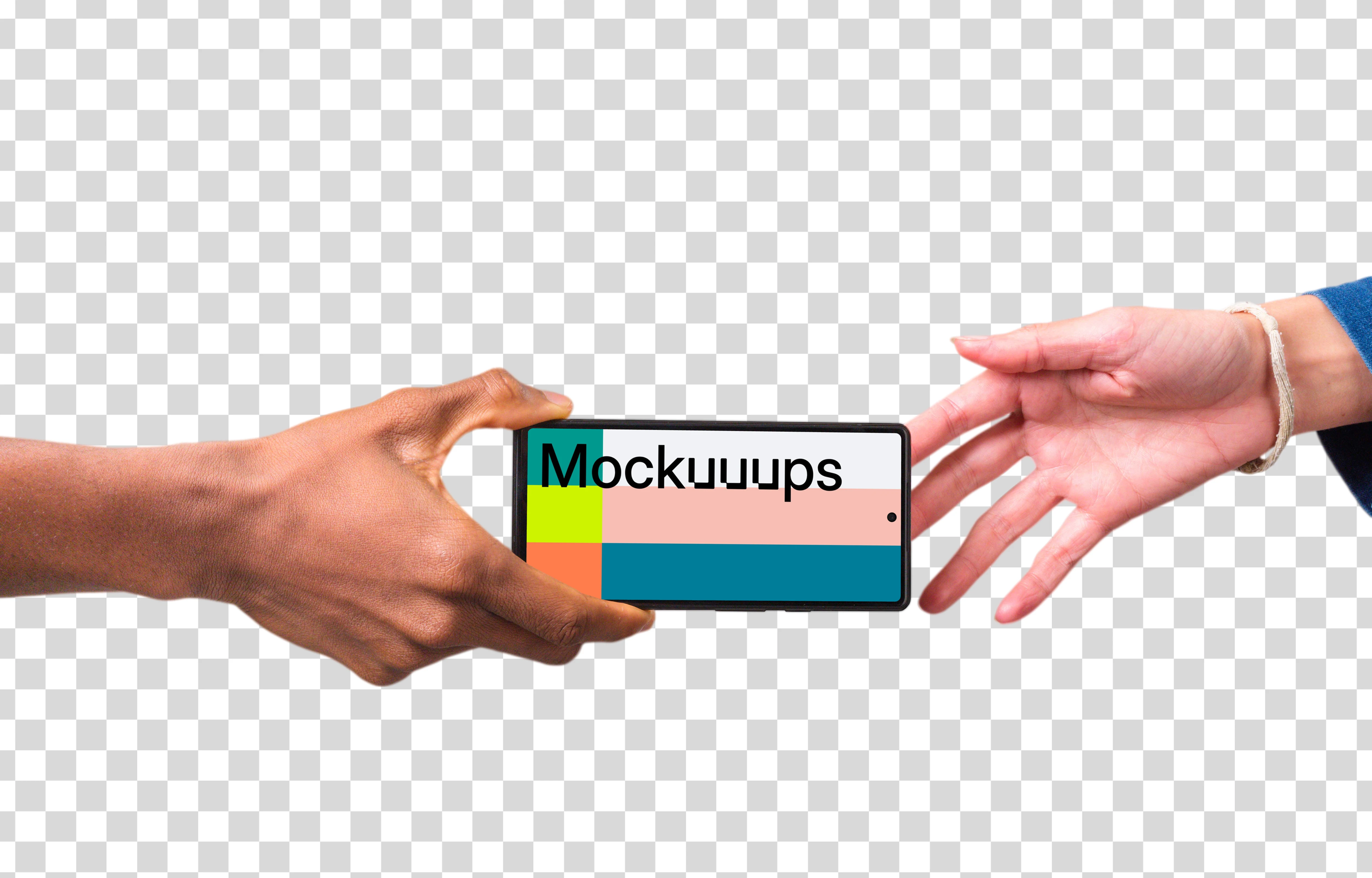 Diverse hands reaching to Google Pixel mockup