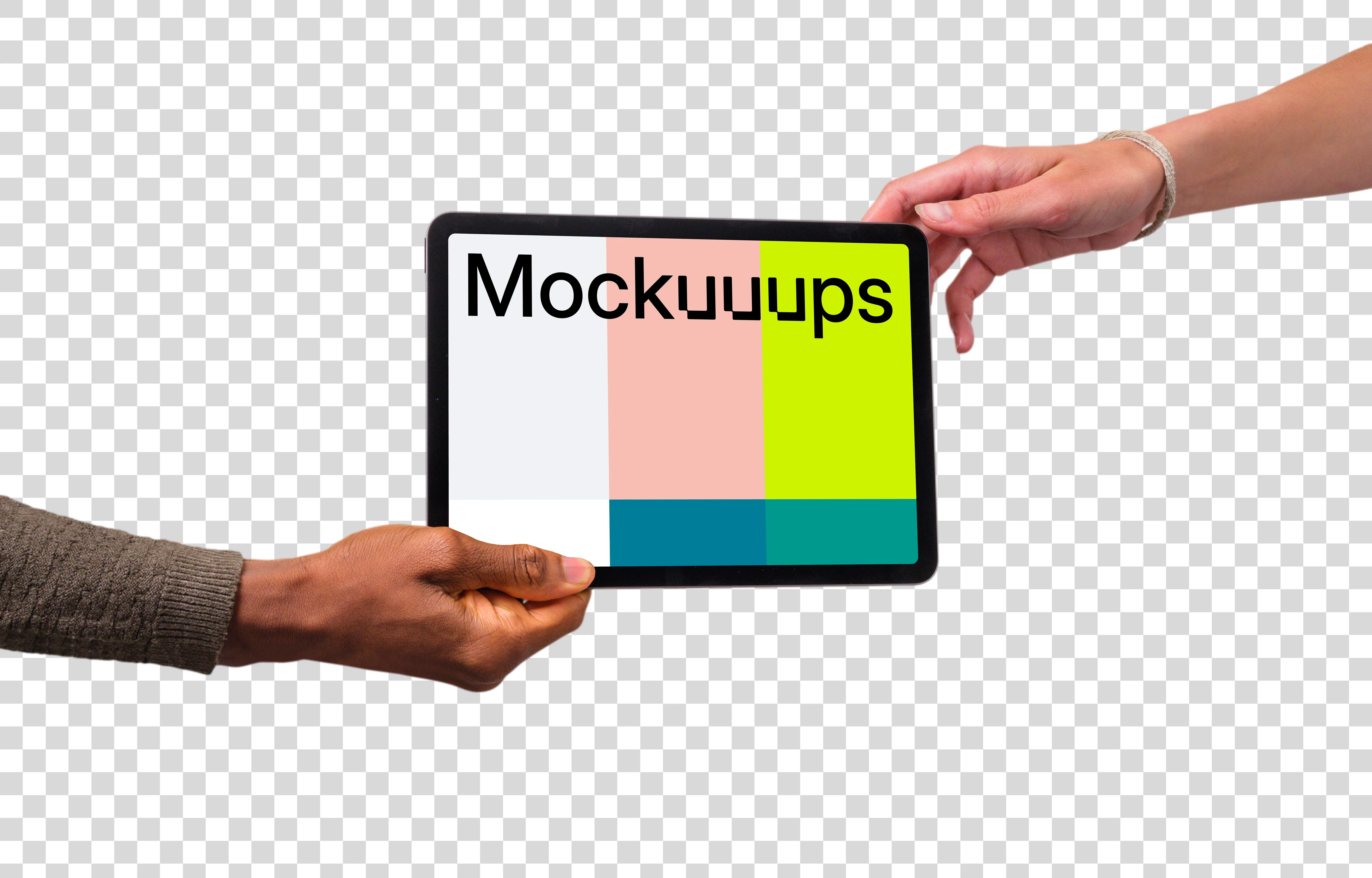 Diverse hands reaching to iPad mockup