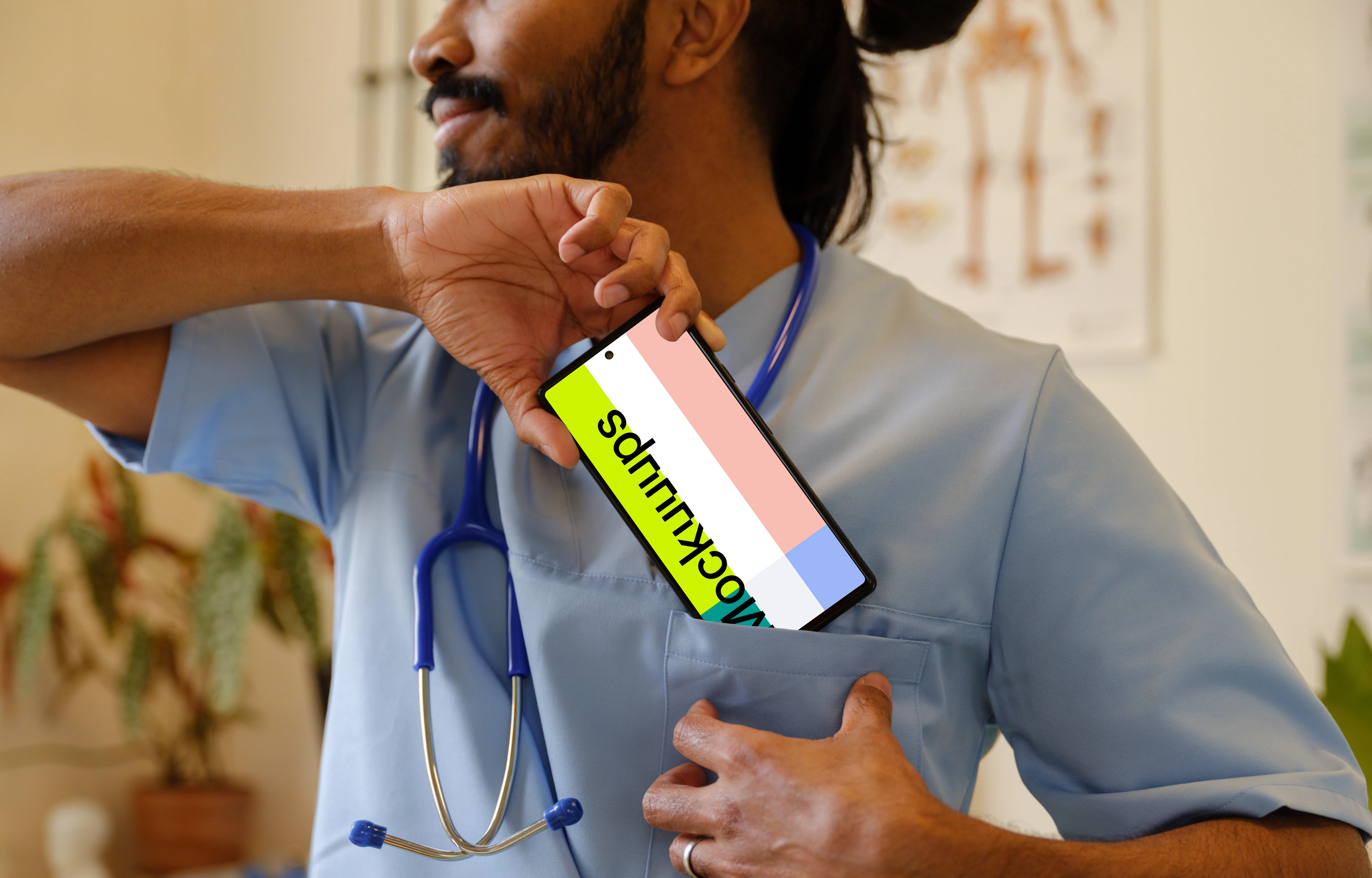 Doctor taking Google Pixel 6 out of his pocket