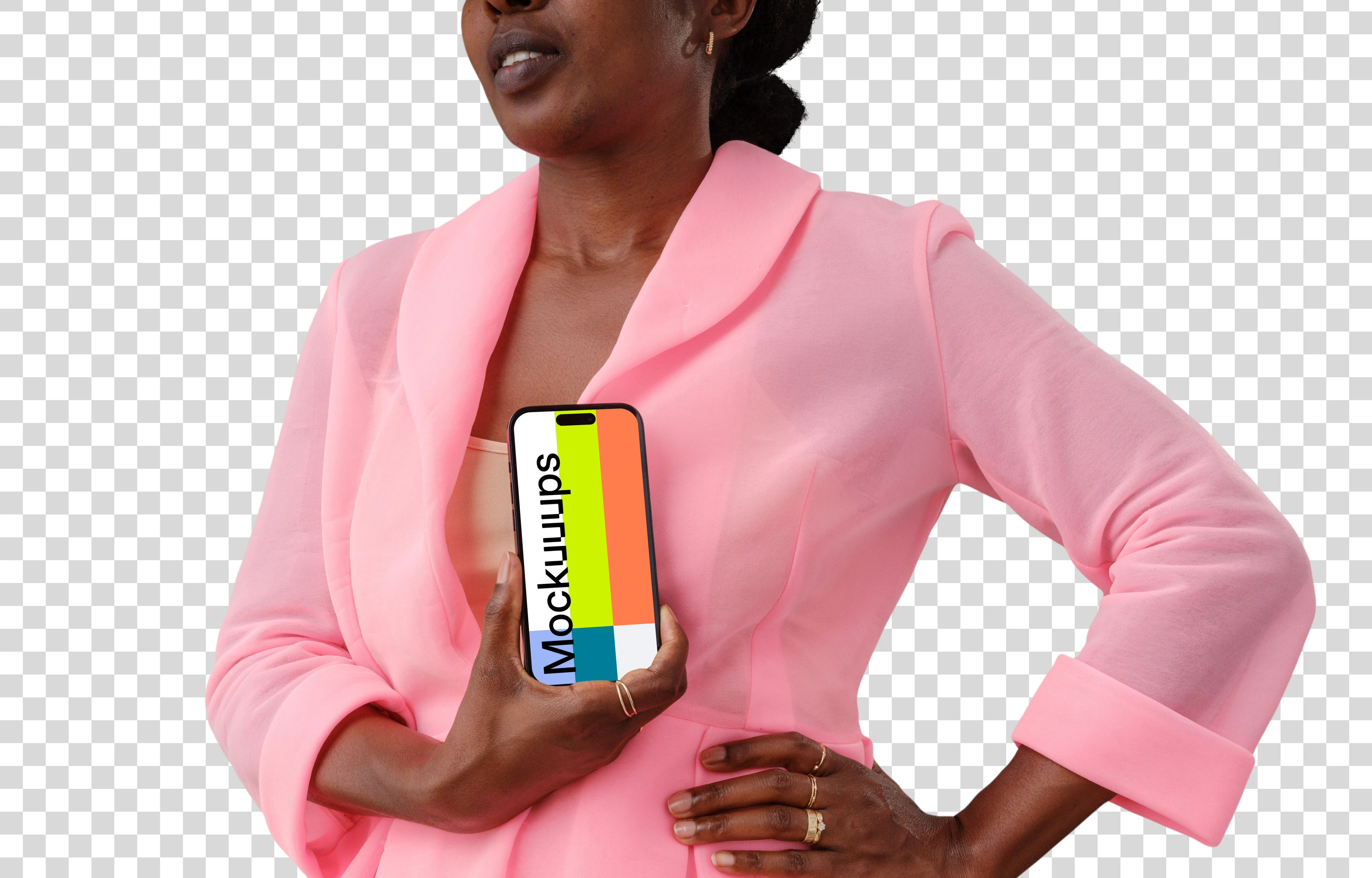Woman in business with an iPhone mockup