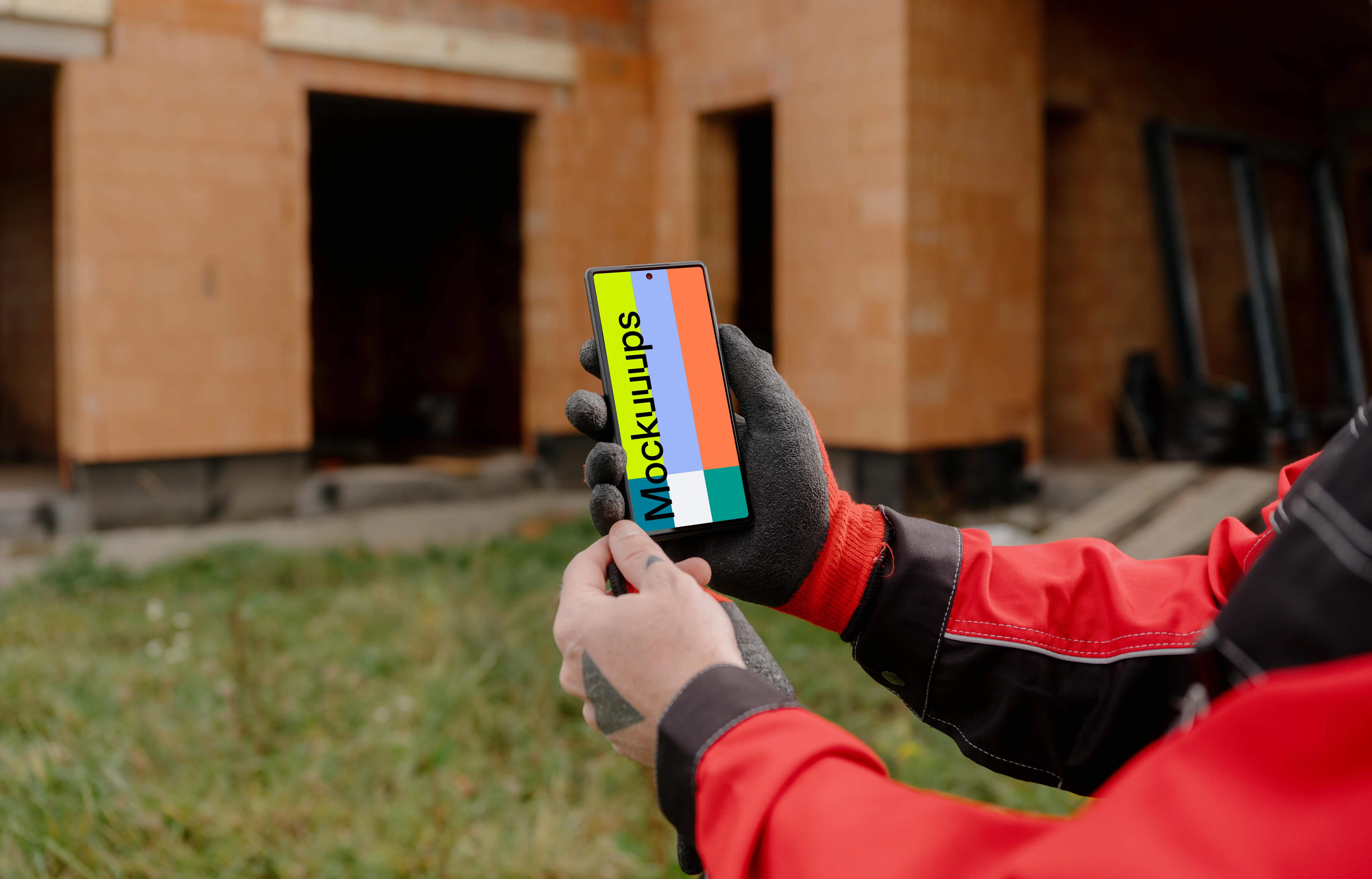 Construction worker holding a Google Pixel 6 mockup