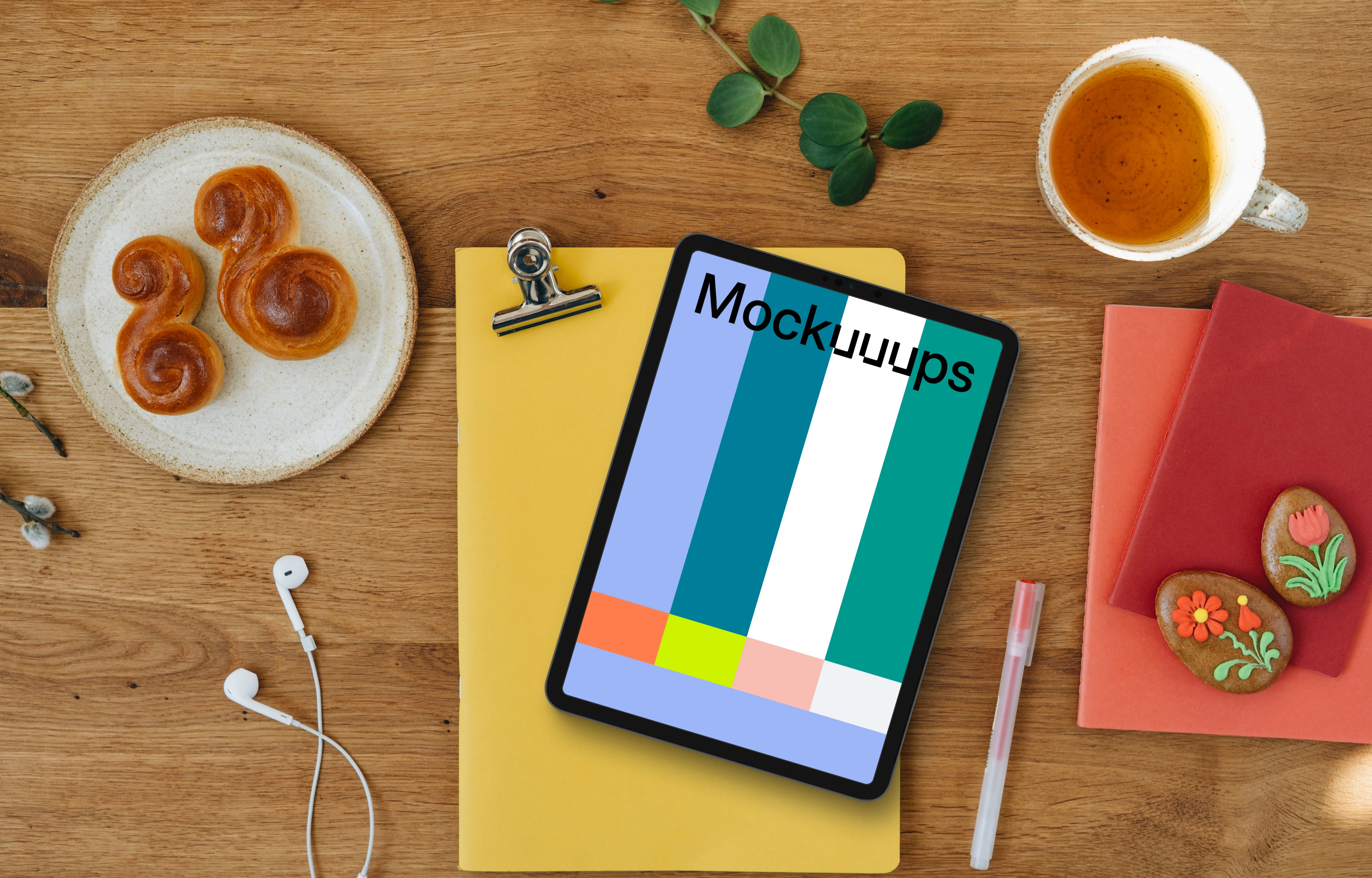 Easter tablet mockup on wooden table