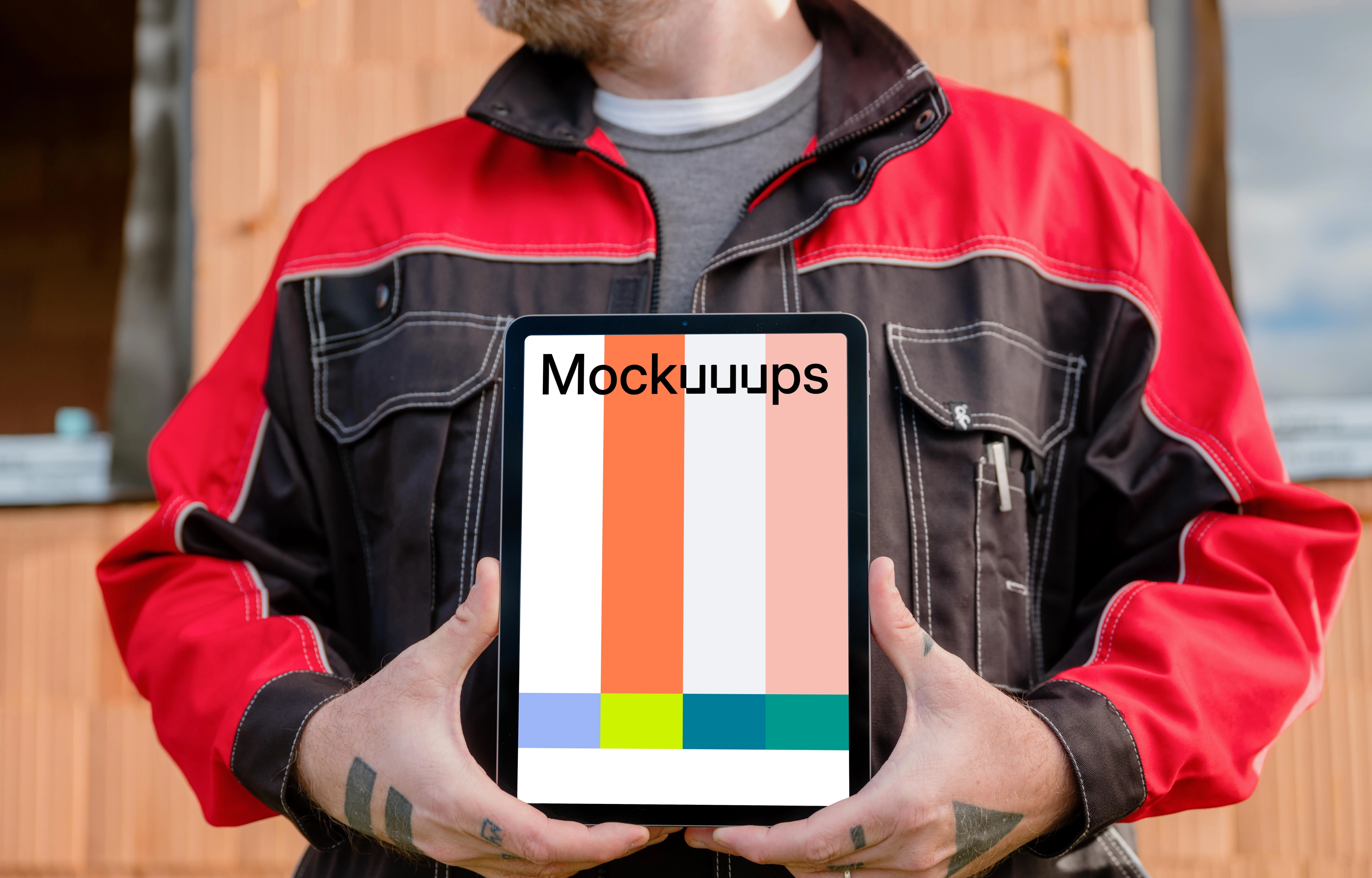 Engineer in construction presenting iPad mockup