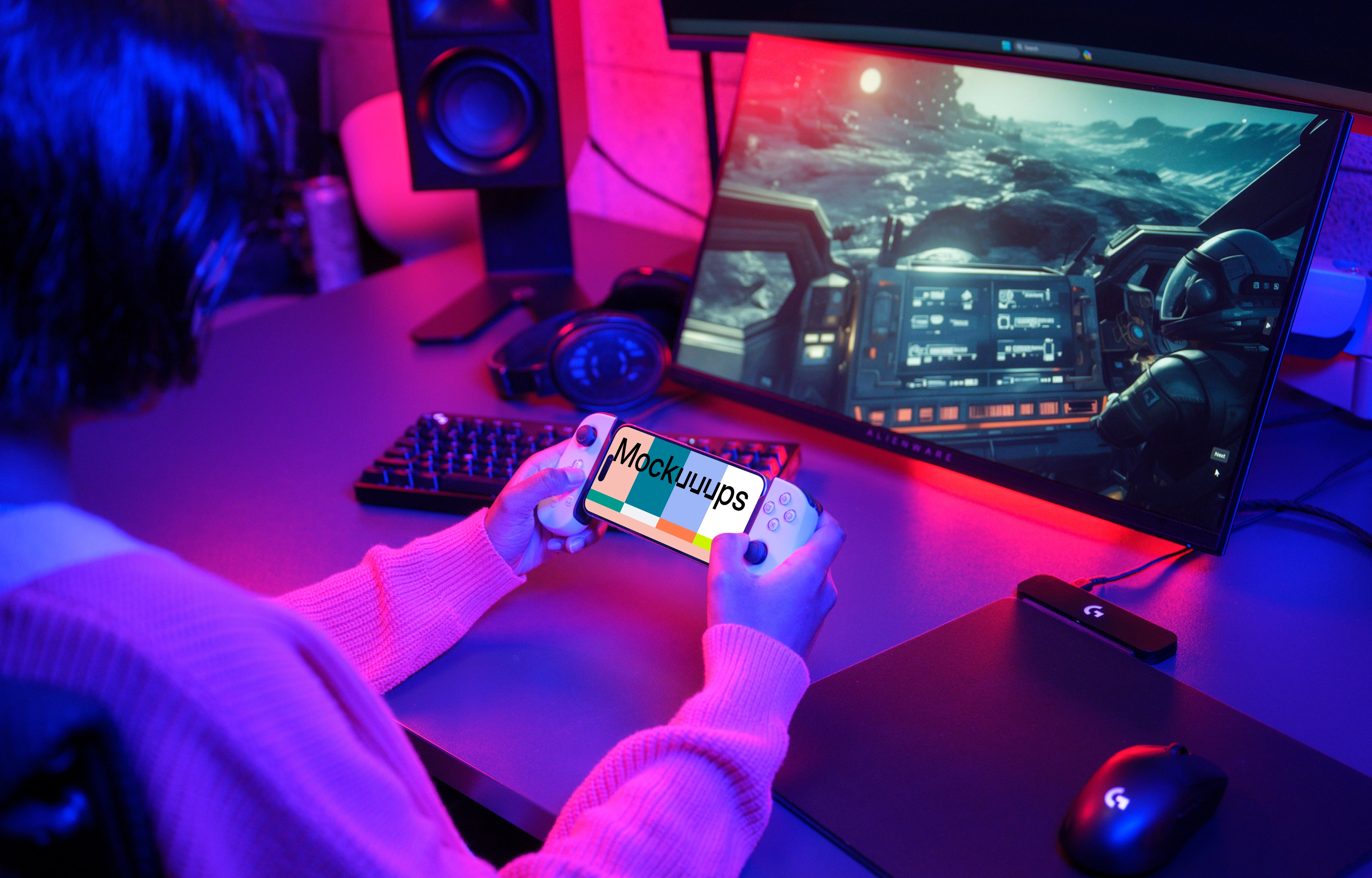 iPhone 15 Pro mockup gaming setup with dynamic lighting