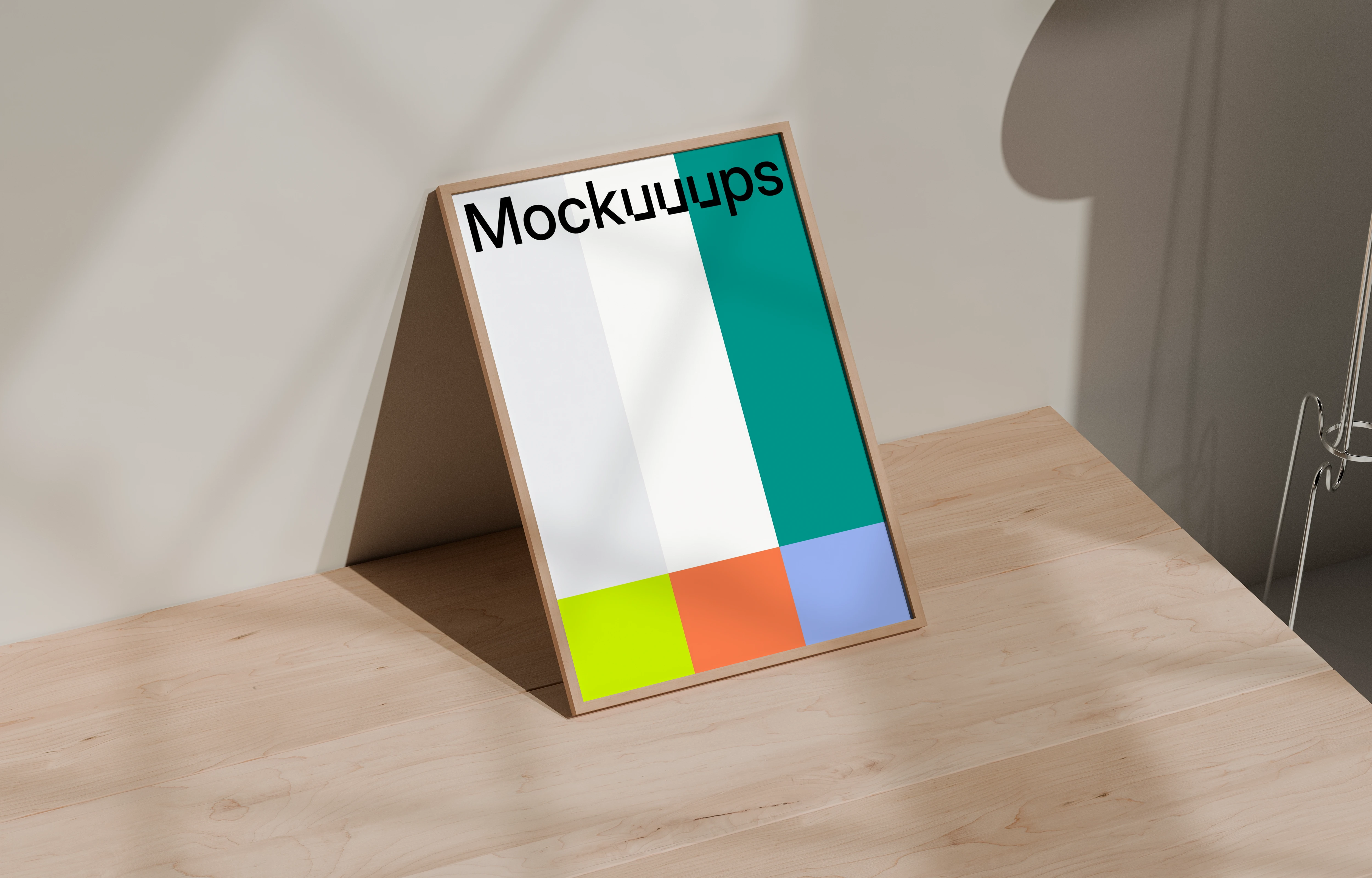 A3 poster mockup on a wooden table with muted lighting