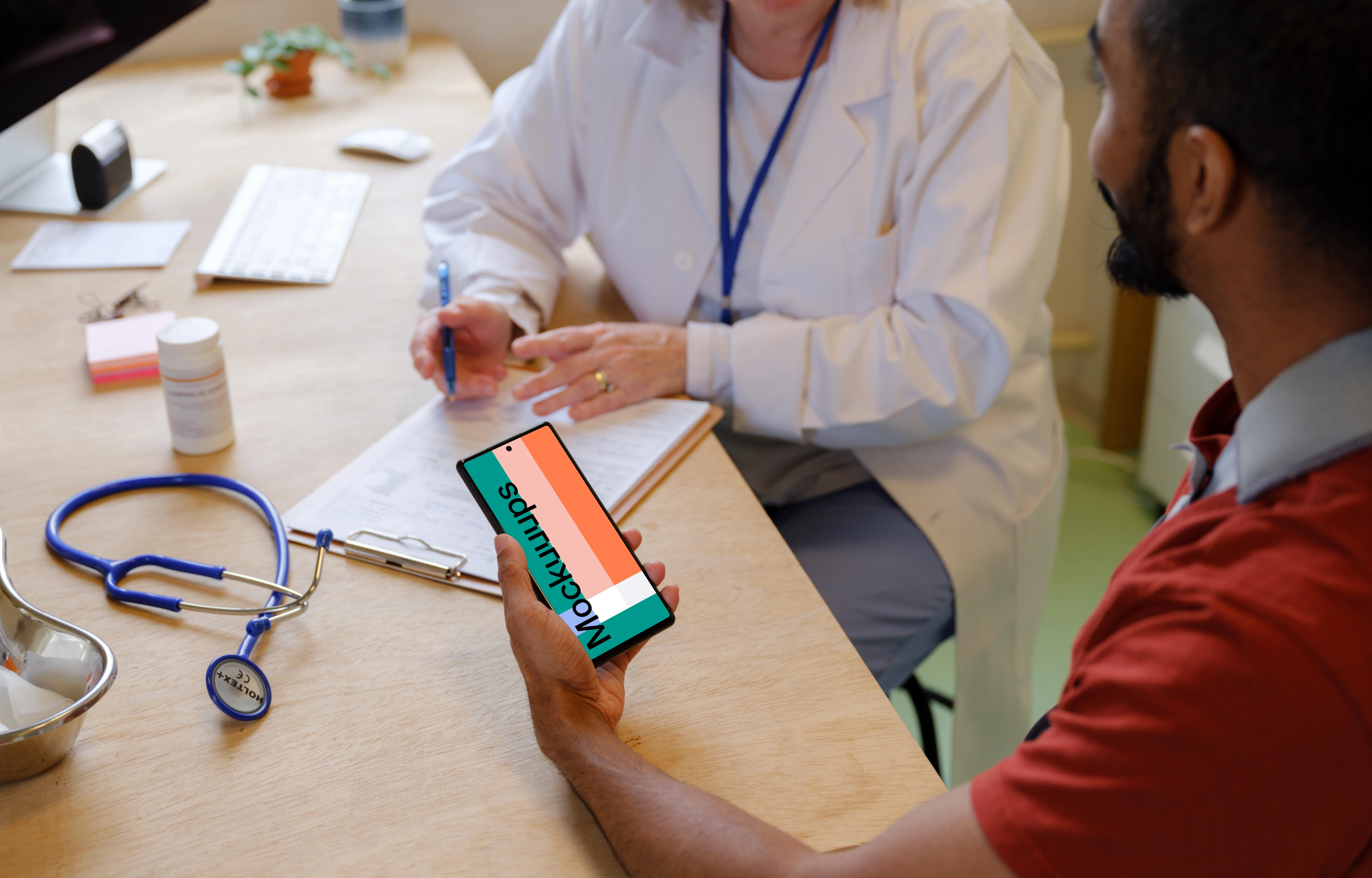 Examination at the doctor and patient holding a phone