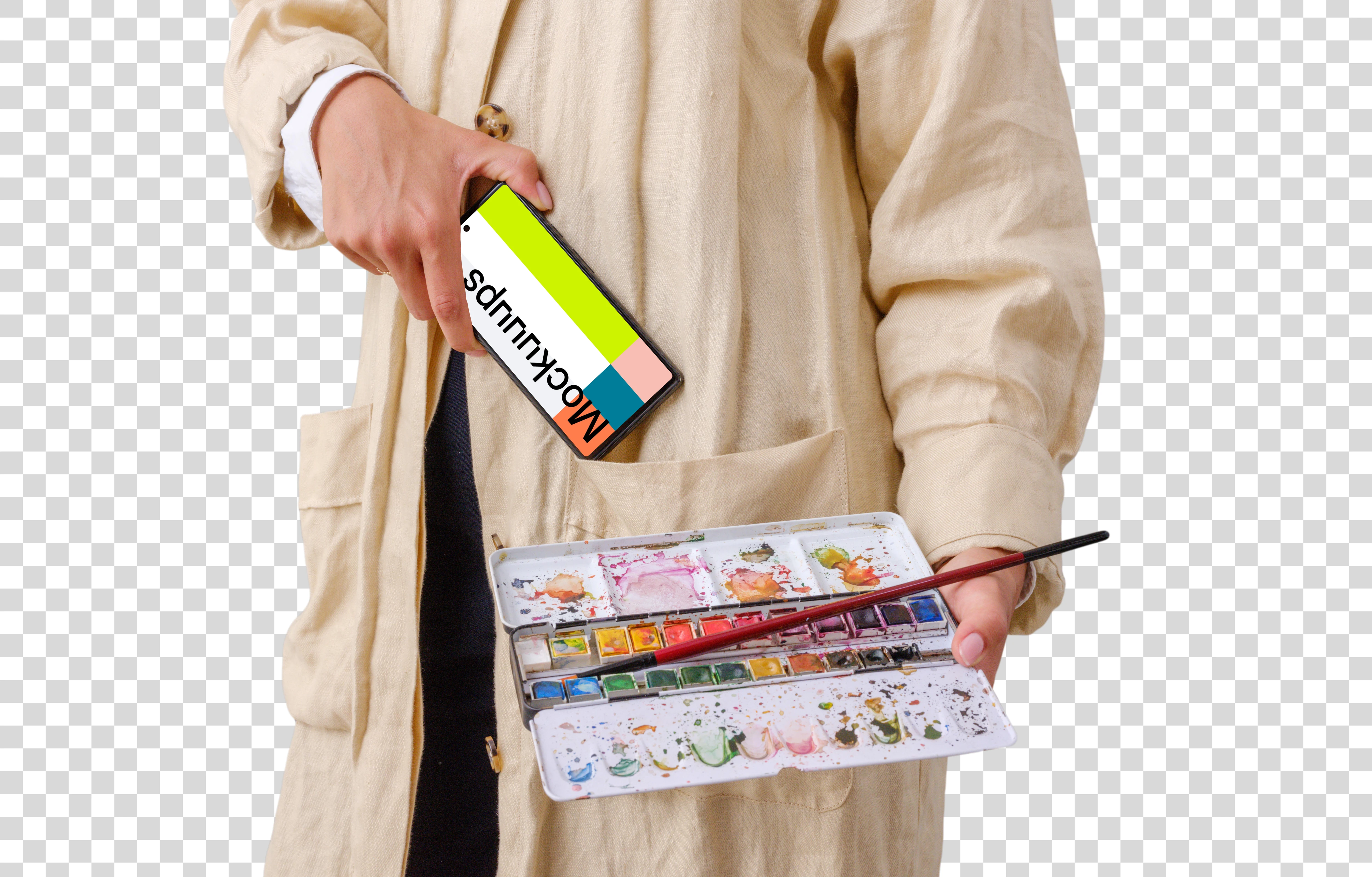 Female artist with Google Pixel 6 mockup in her hand