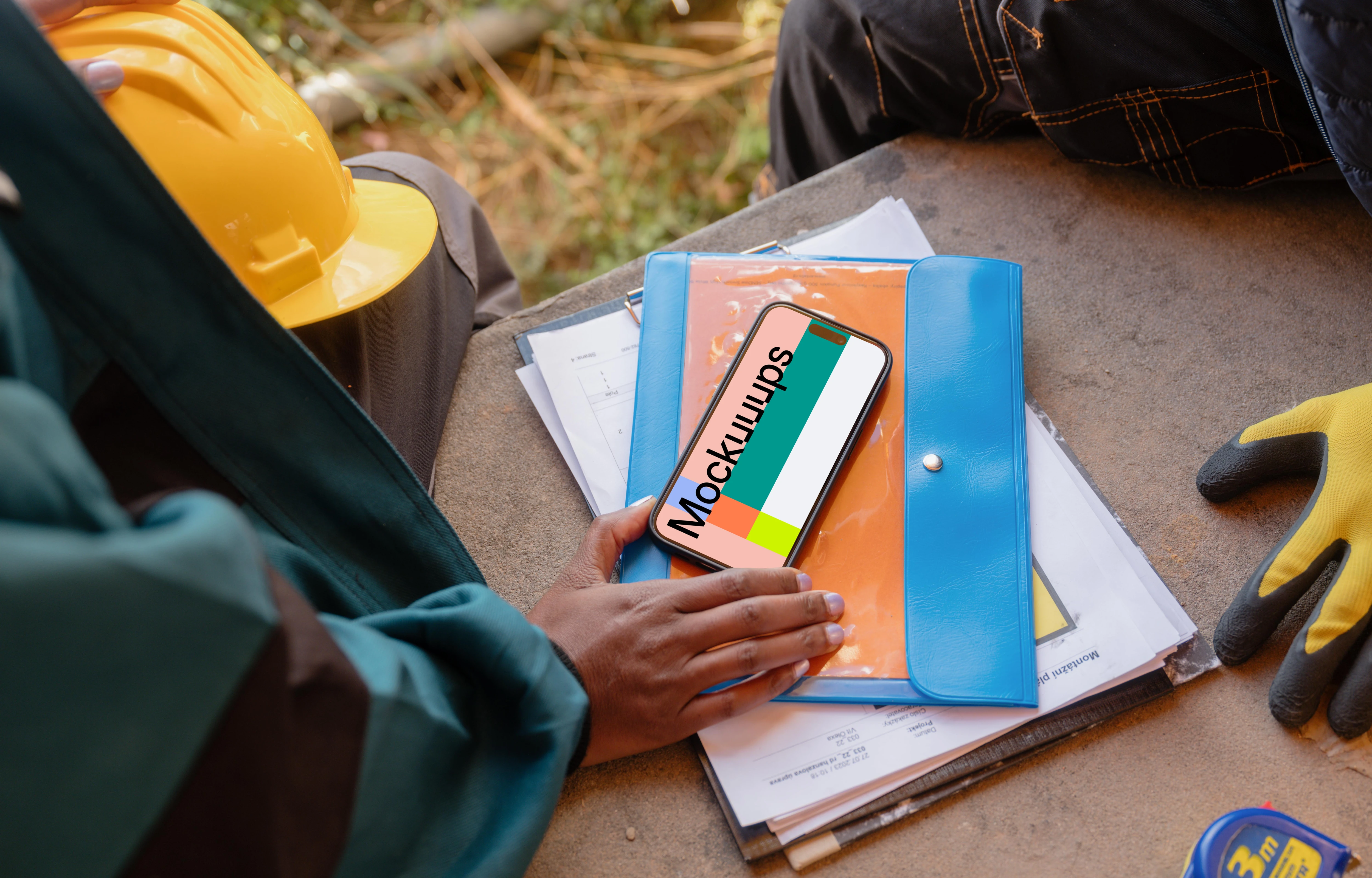Designer on the construction site with an iPhone 15 Pro mockup