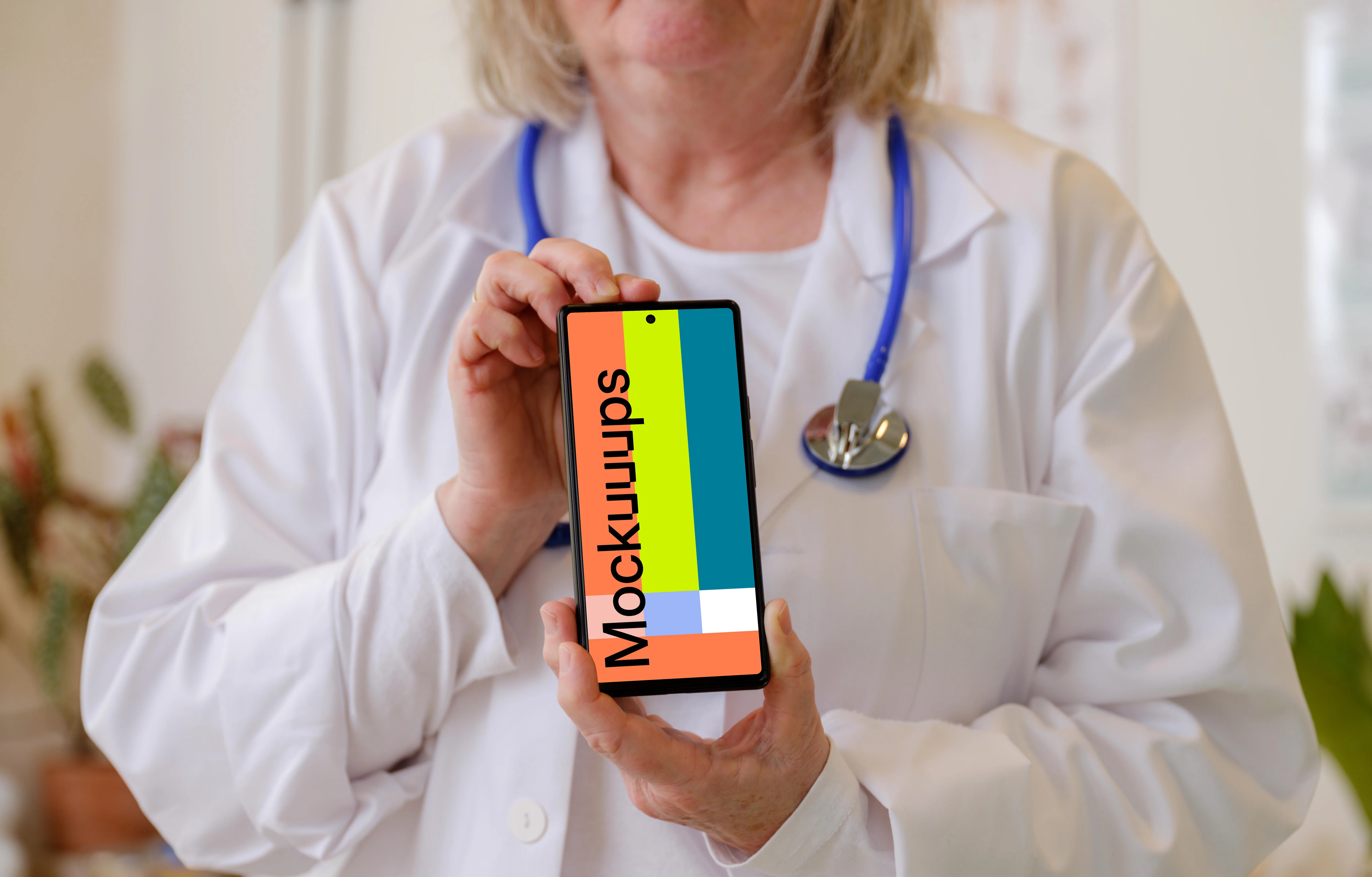Female doctor holding a Google Pixel 6 mockup