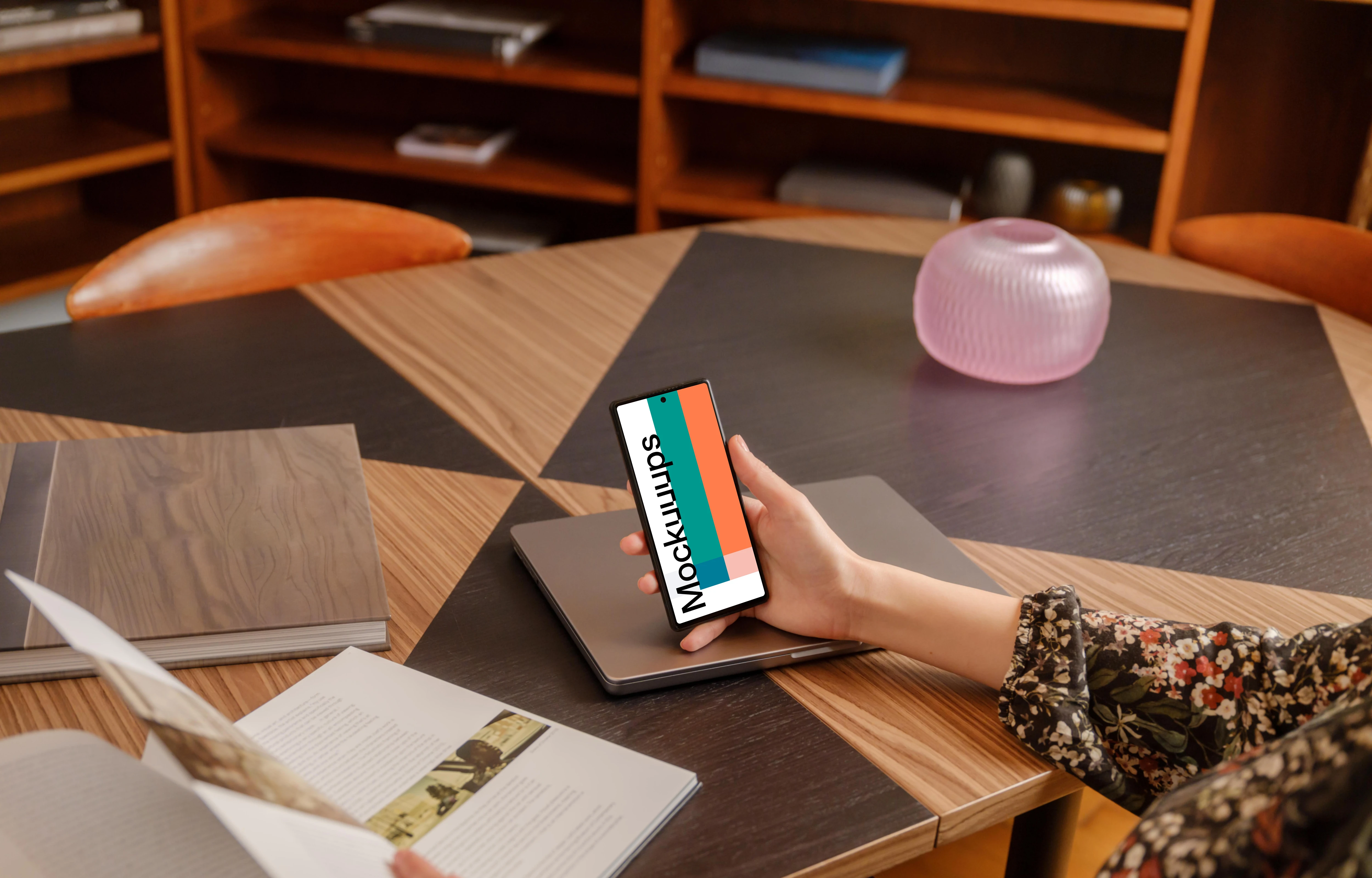 Female empowered with Google Pixel 6 mockup in the office