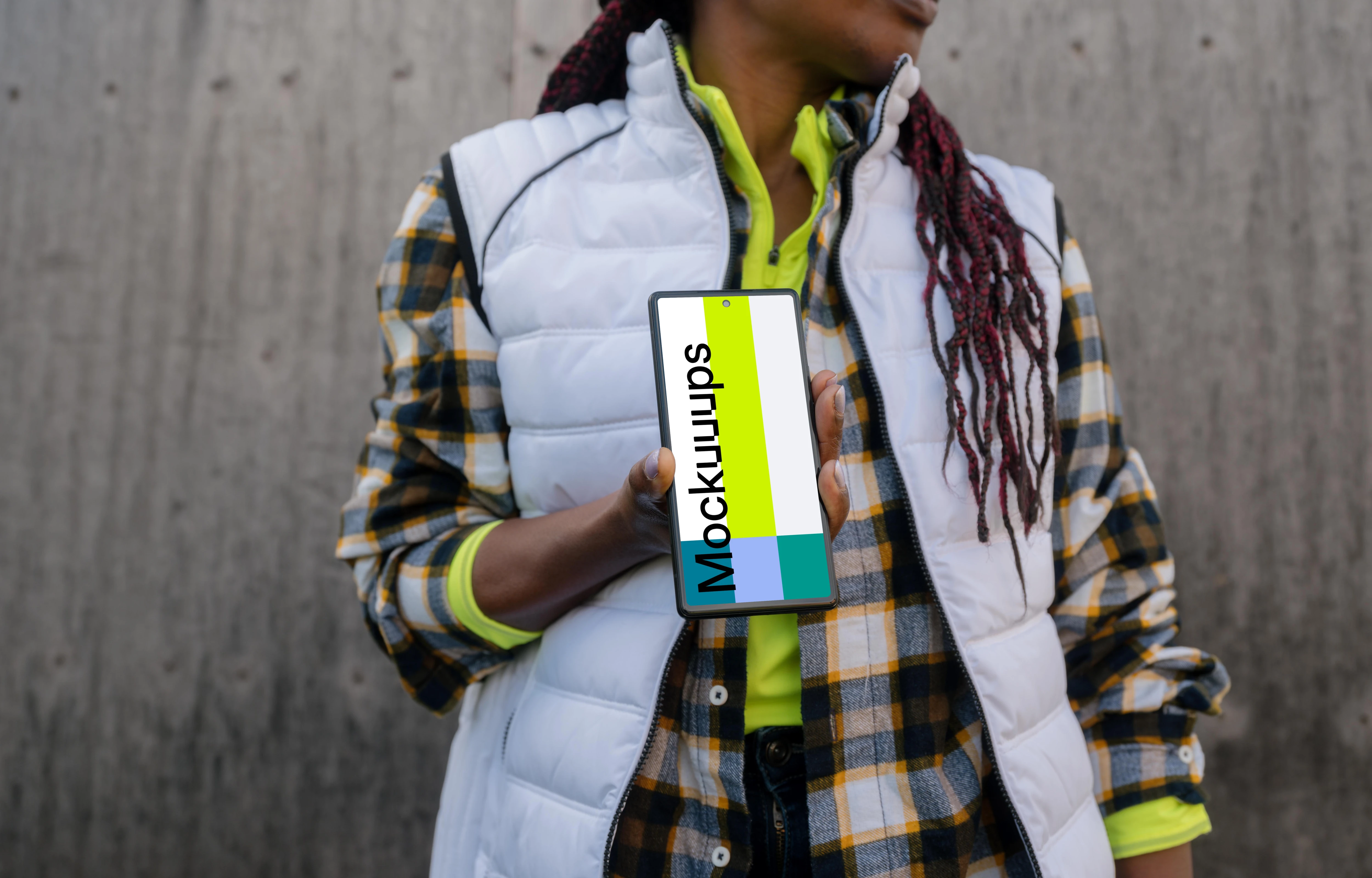 Female engineer in construction presenting Google Pixel mockup