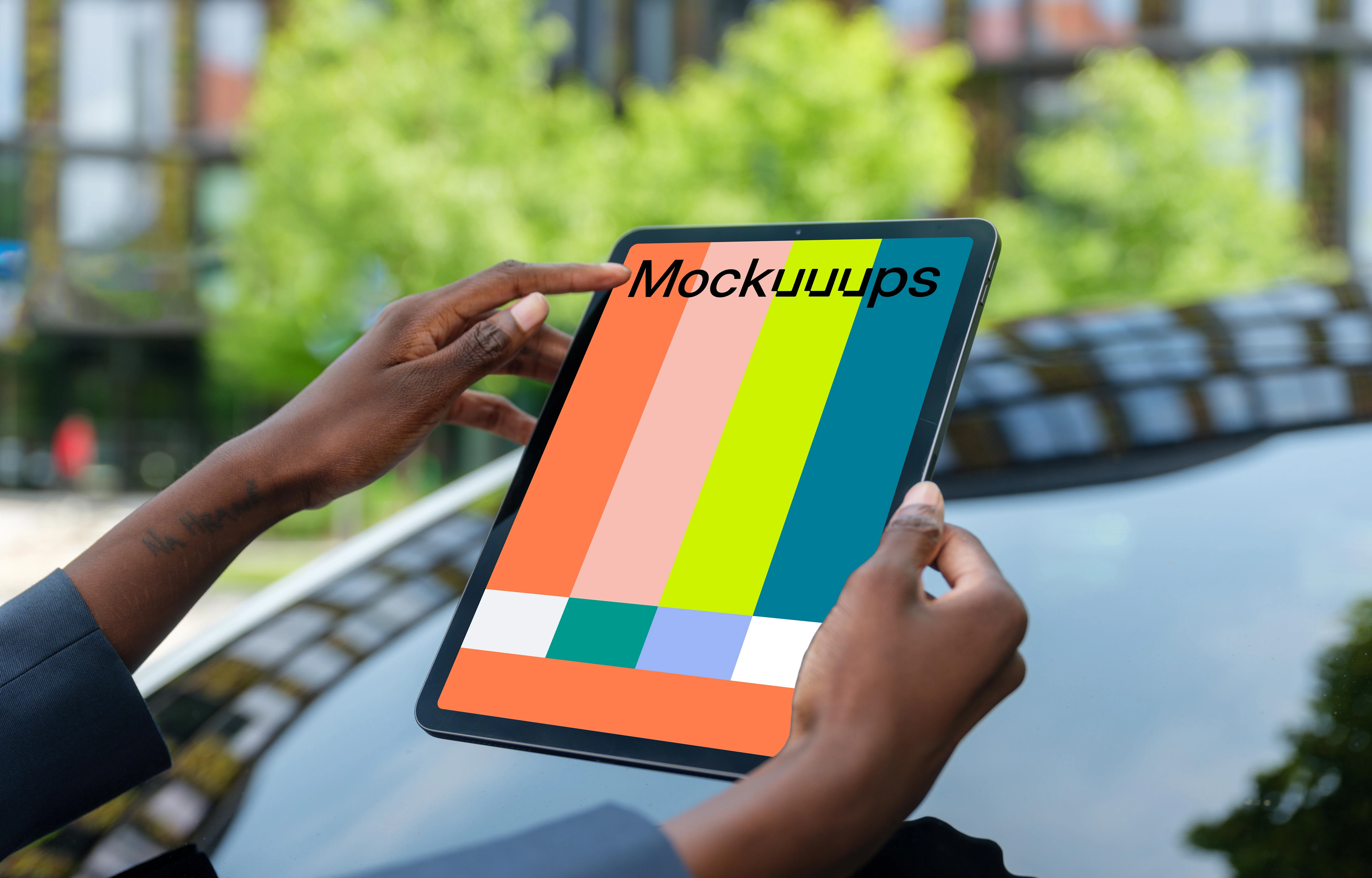 Female entrepreneur holding an iPad Air mockup