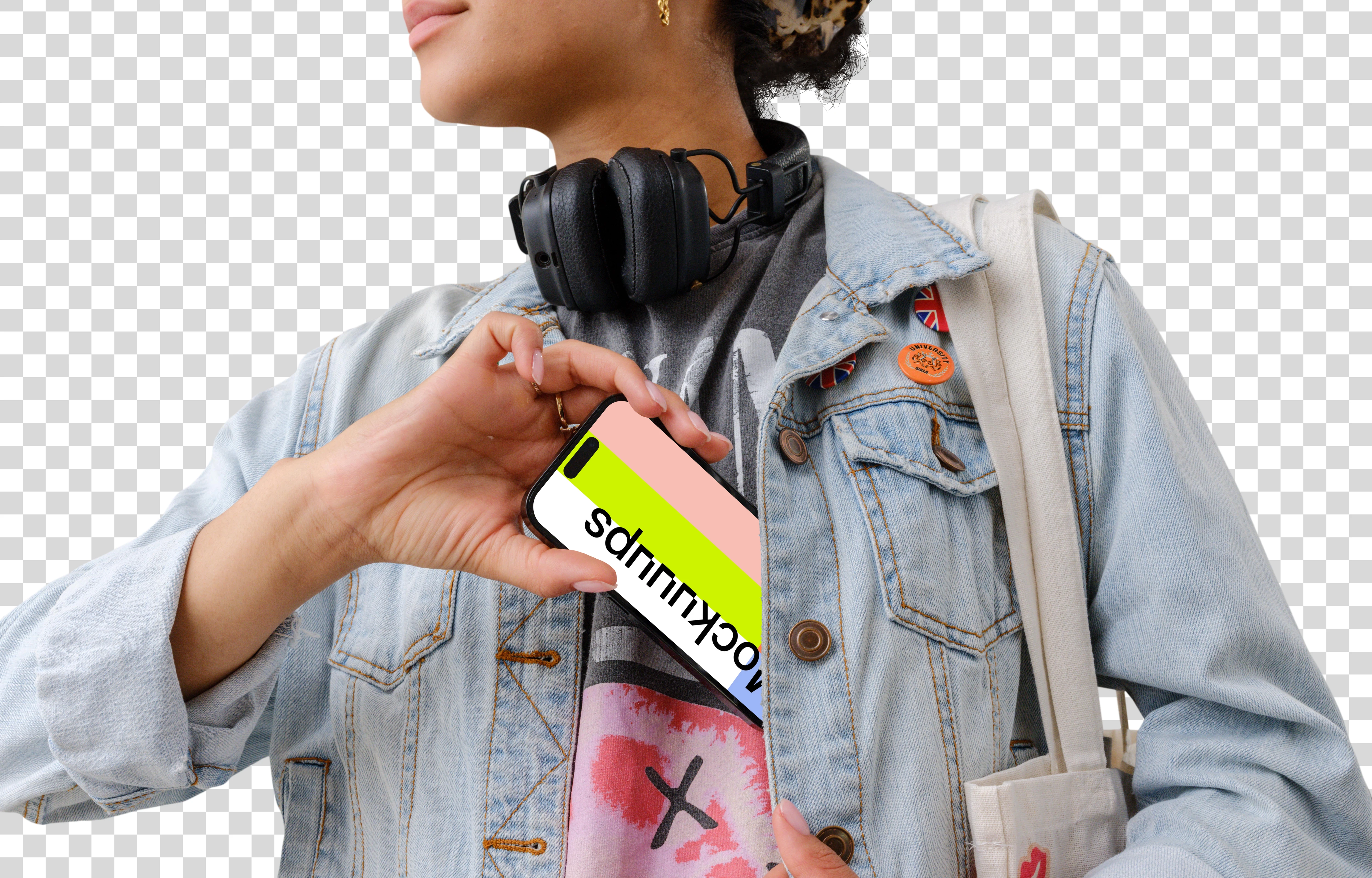 Female student with an iPhone 14 Pro mockup
