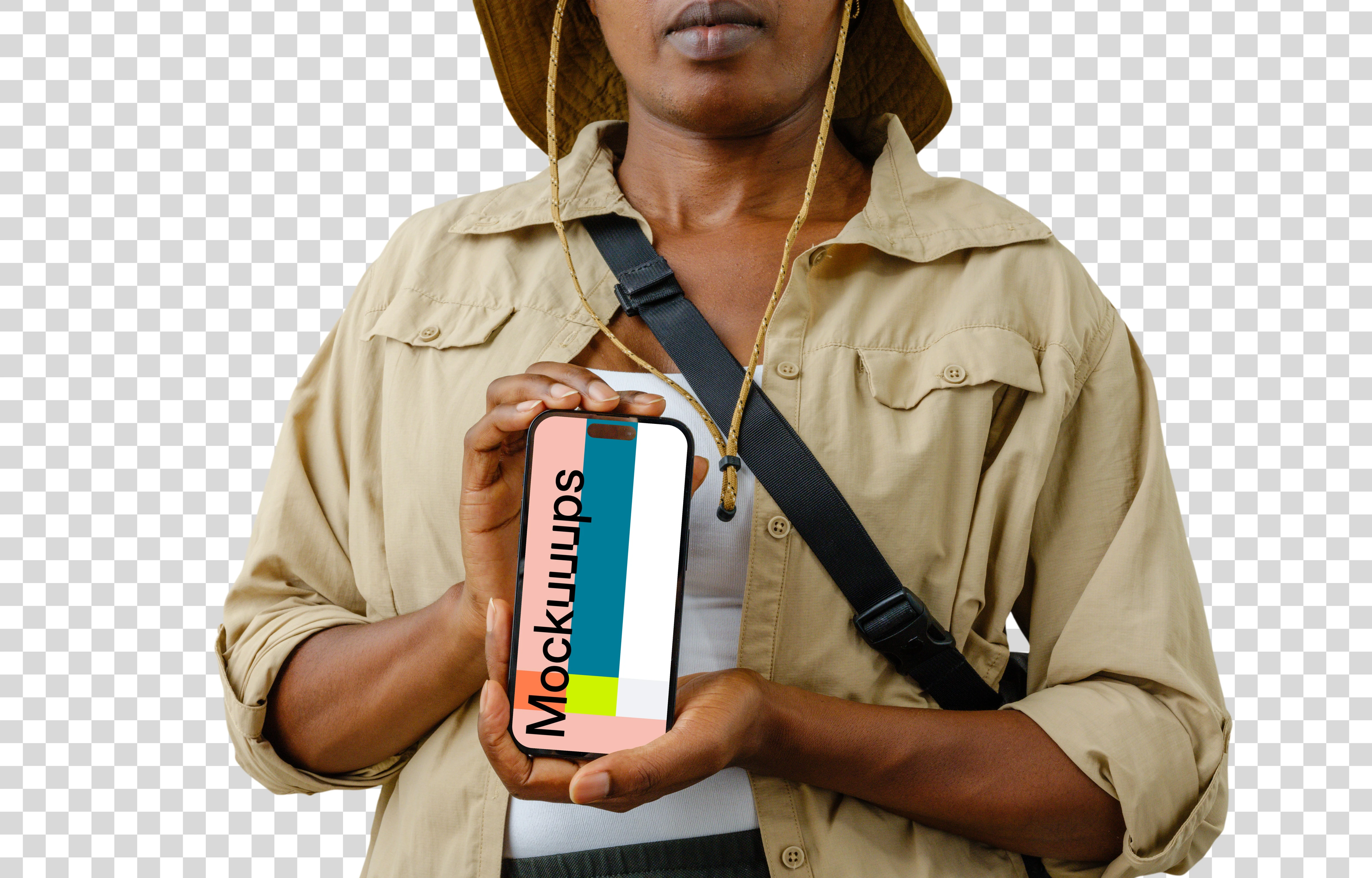 Female tourist holding a phone mockup