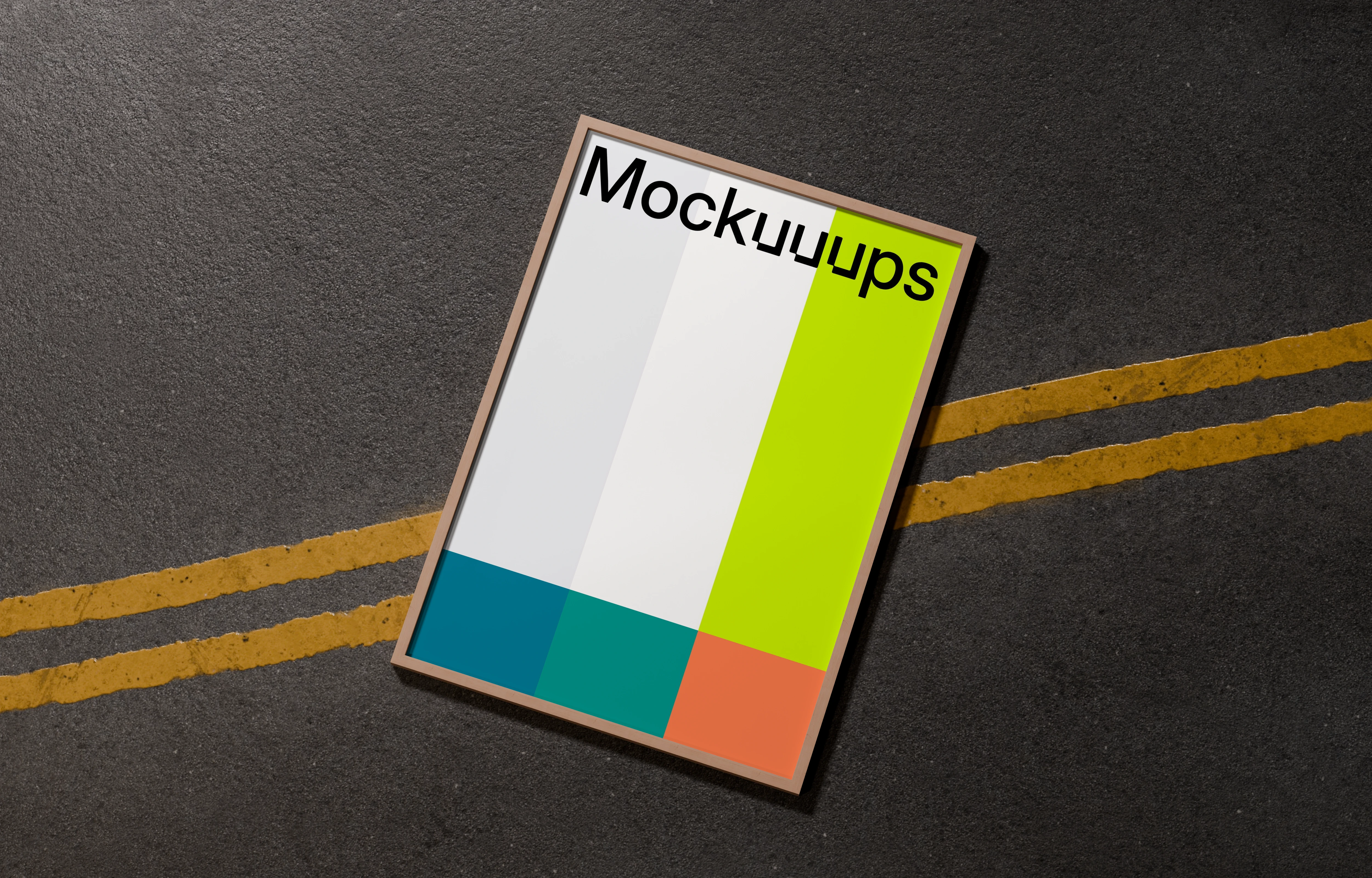 A3 frame mockup on asphalt with yellow road markings