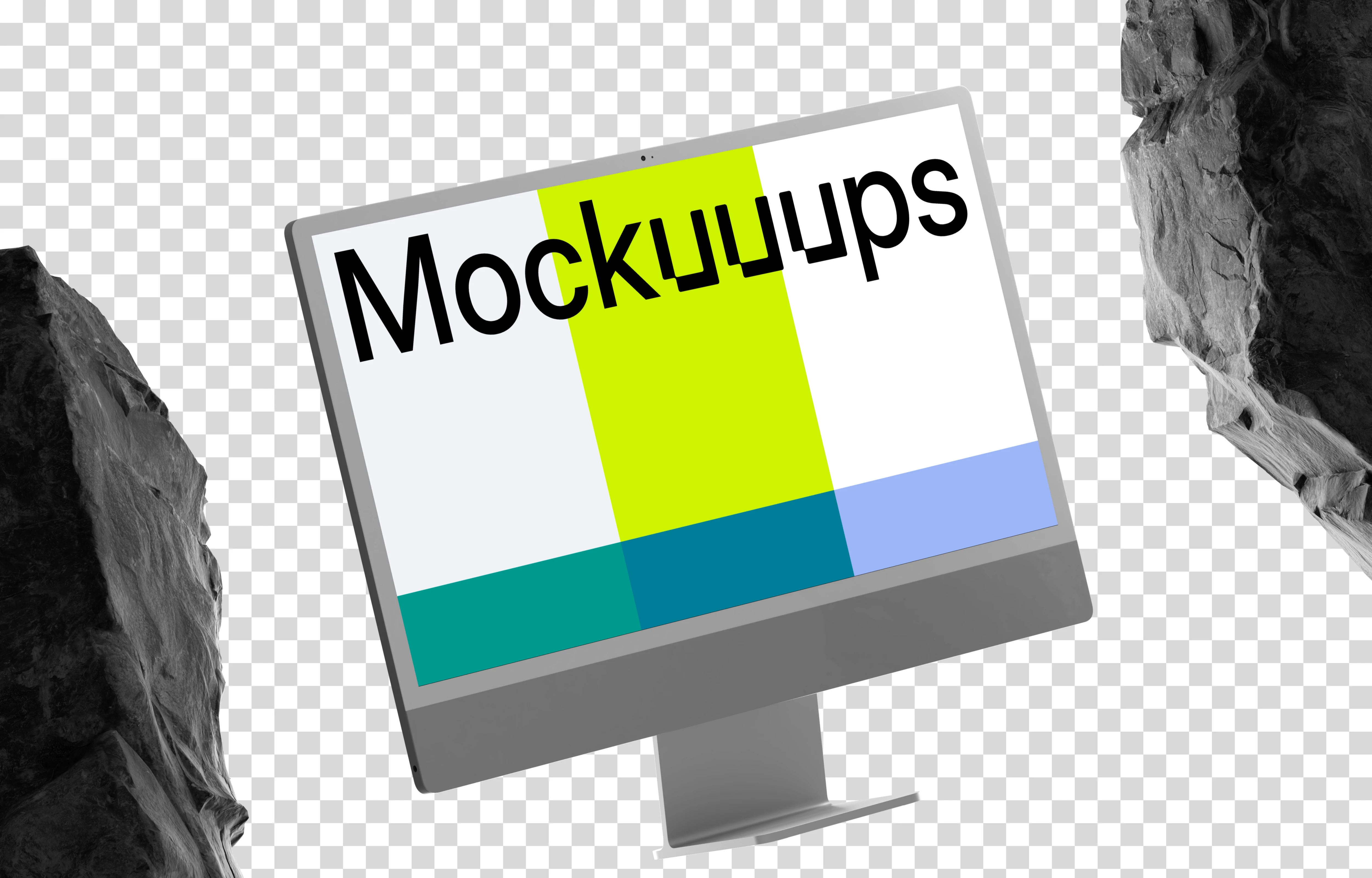 Free iMac mockup with rocky textures and dynamic shadows