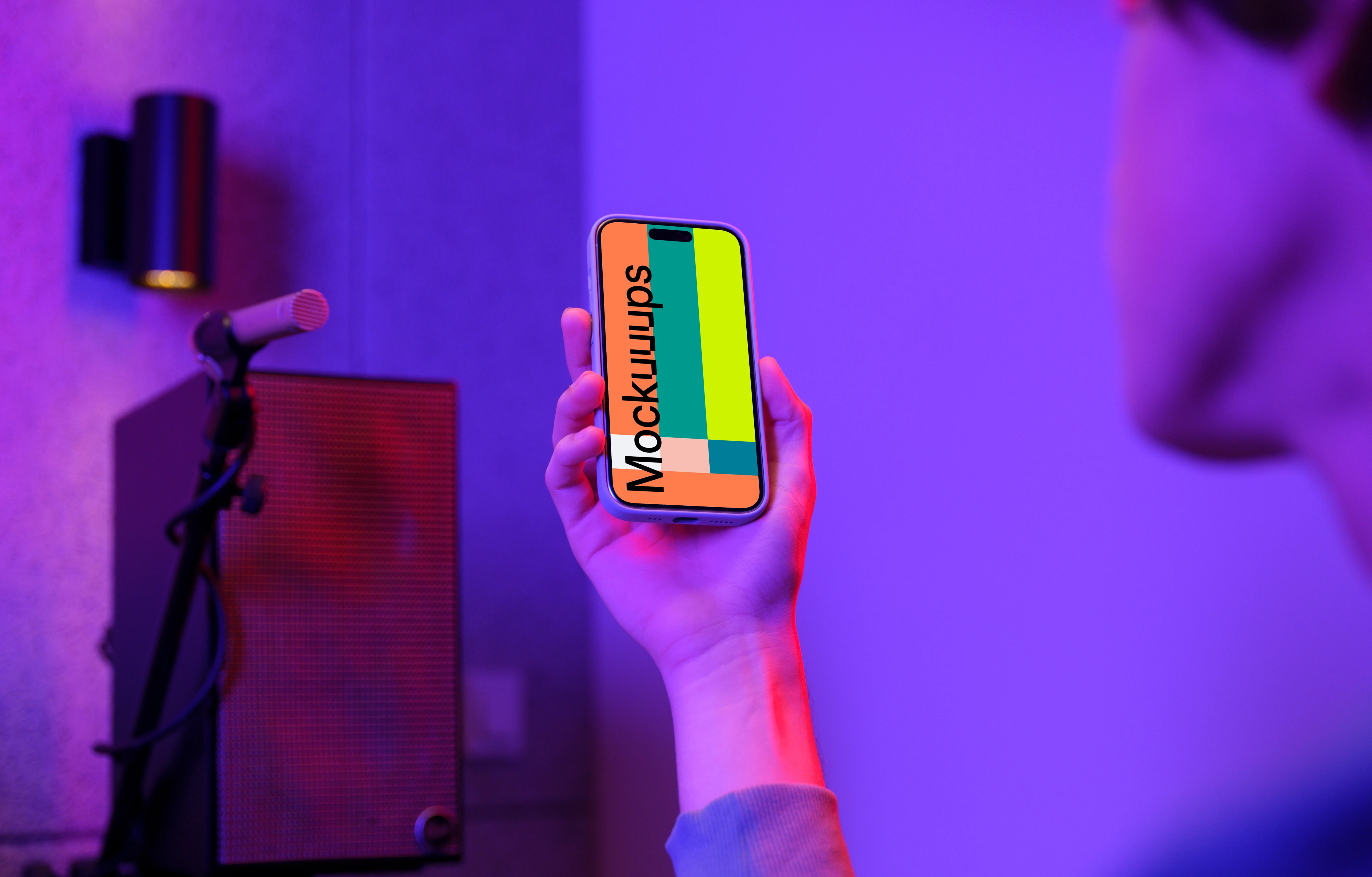 iPhone 15 Pro mockup in a gaming studio