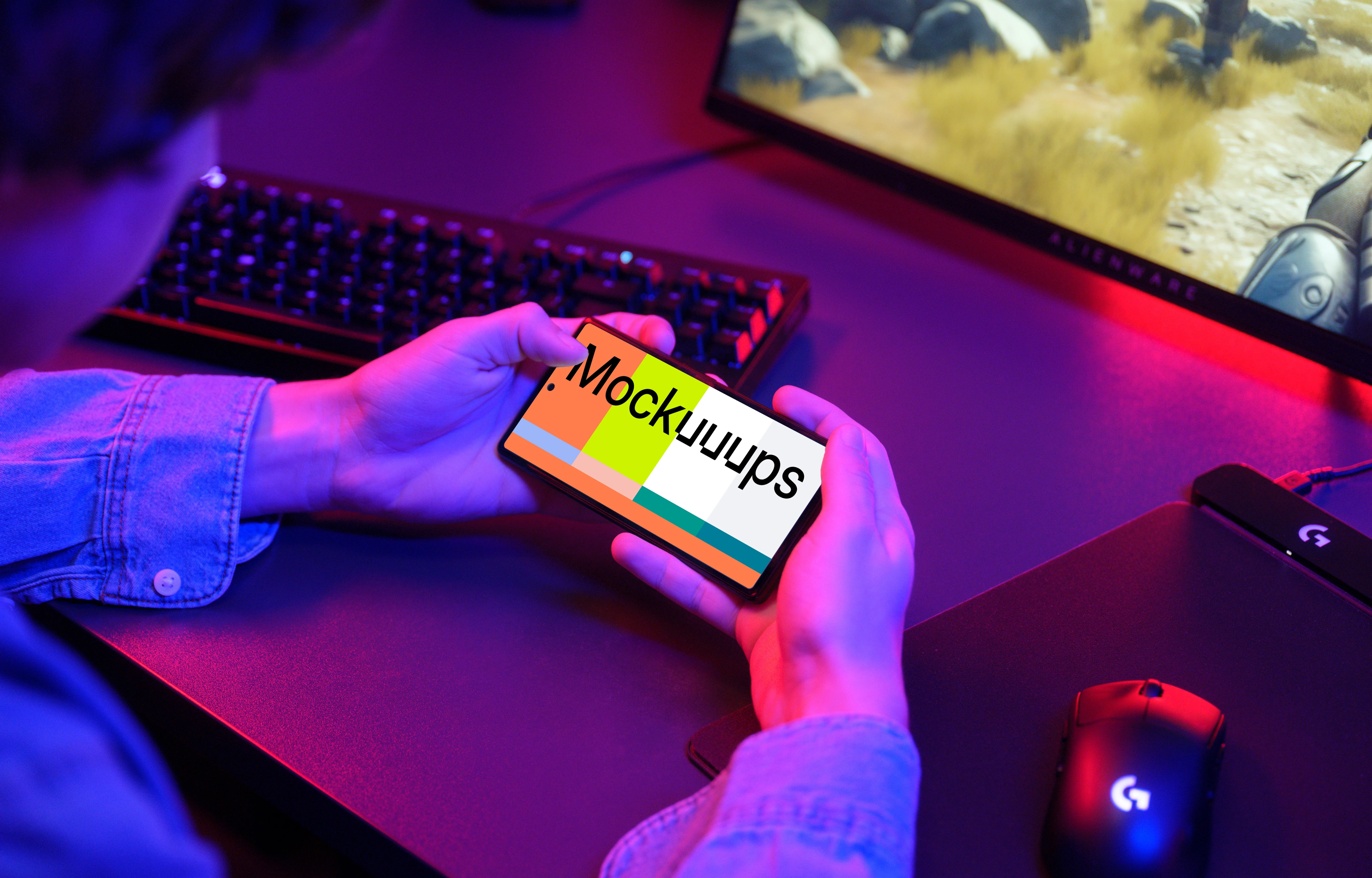 Gaming smartphone mockup in a gamer setup