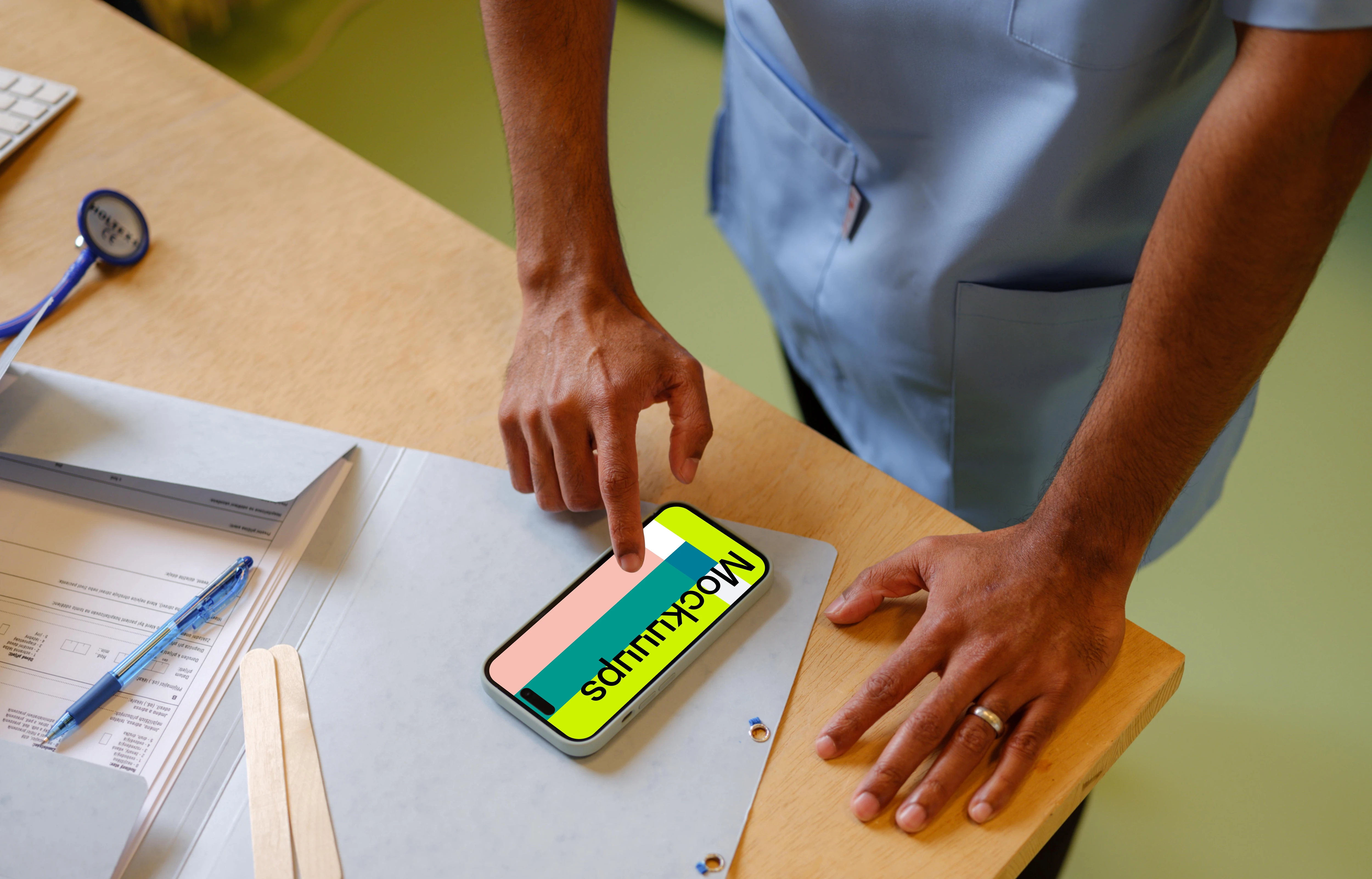Doctor typing on a phone mockup