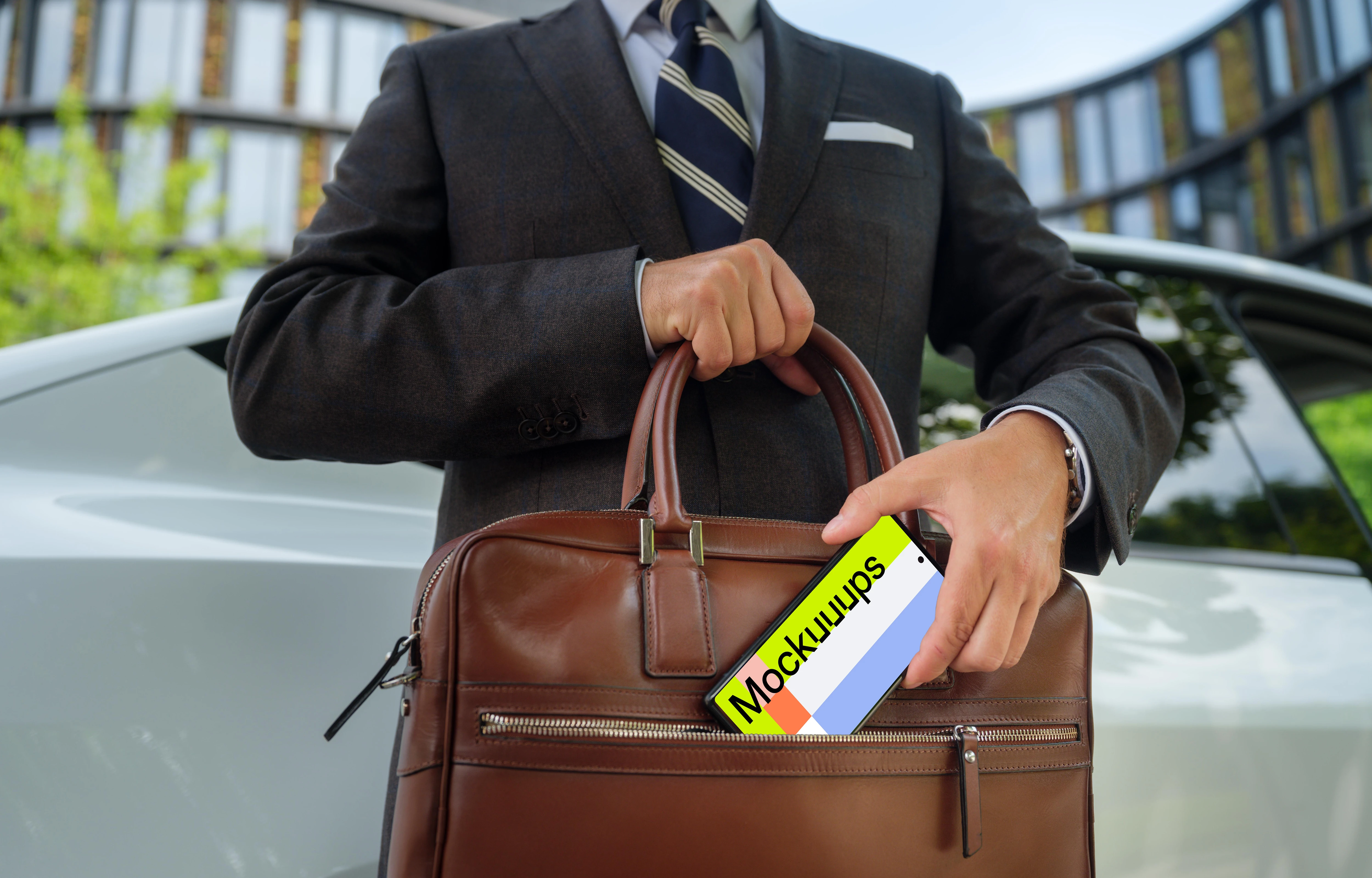 Businessman putting his phone into the work bag