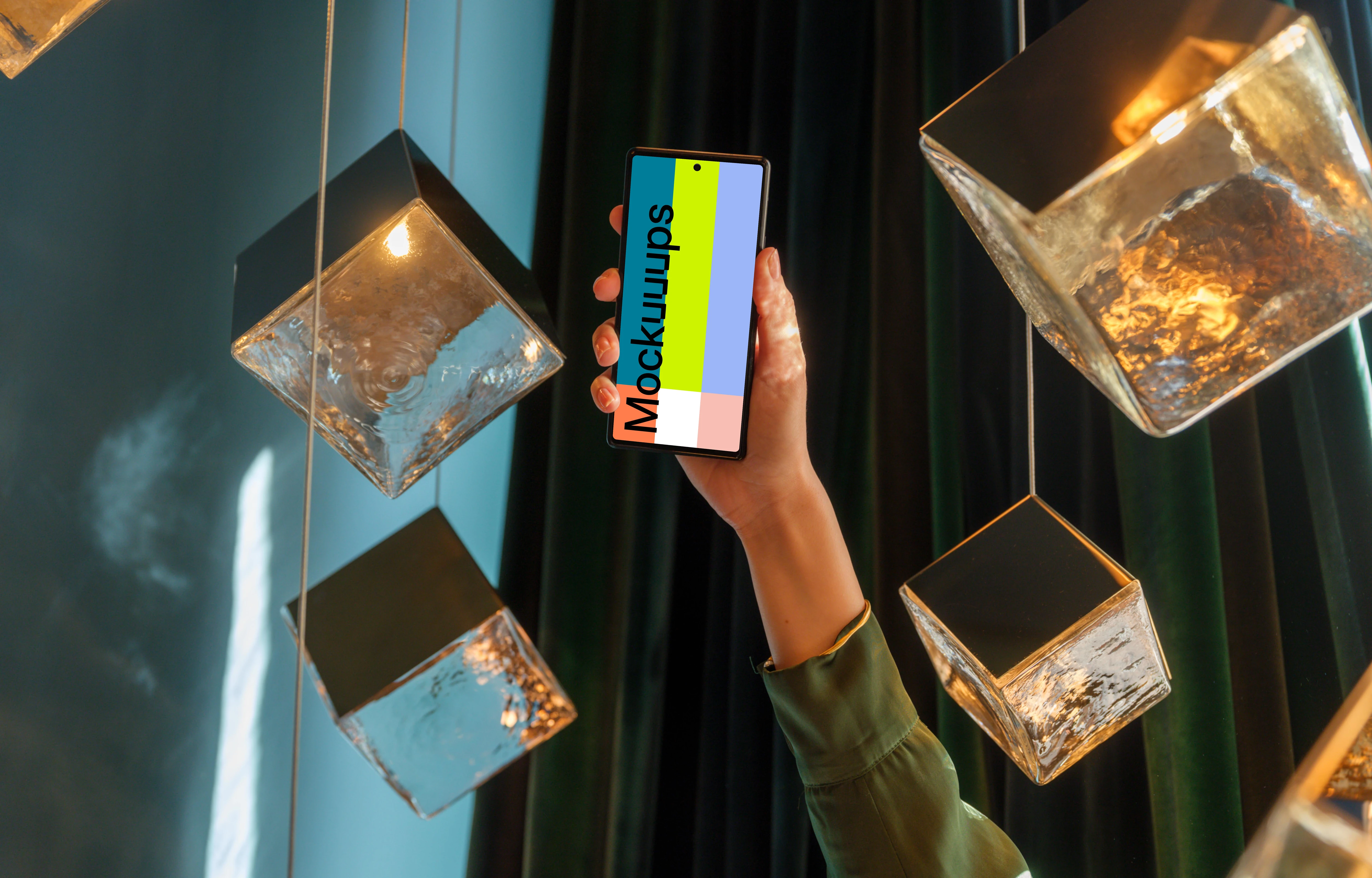 Golden lights in the lounge with Google Pixel mockup