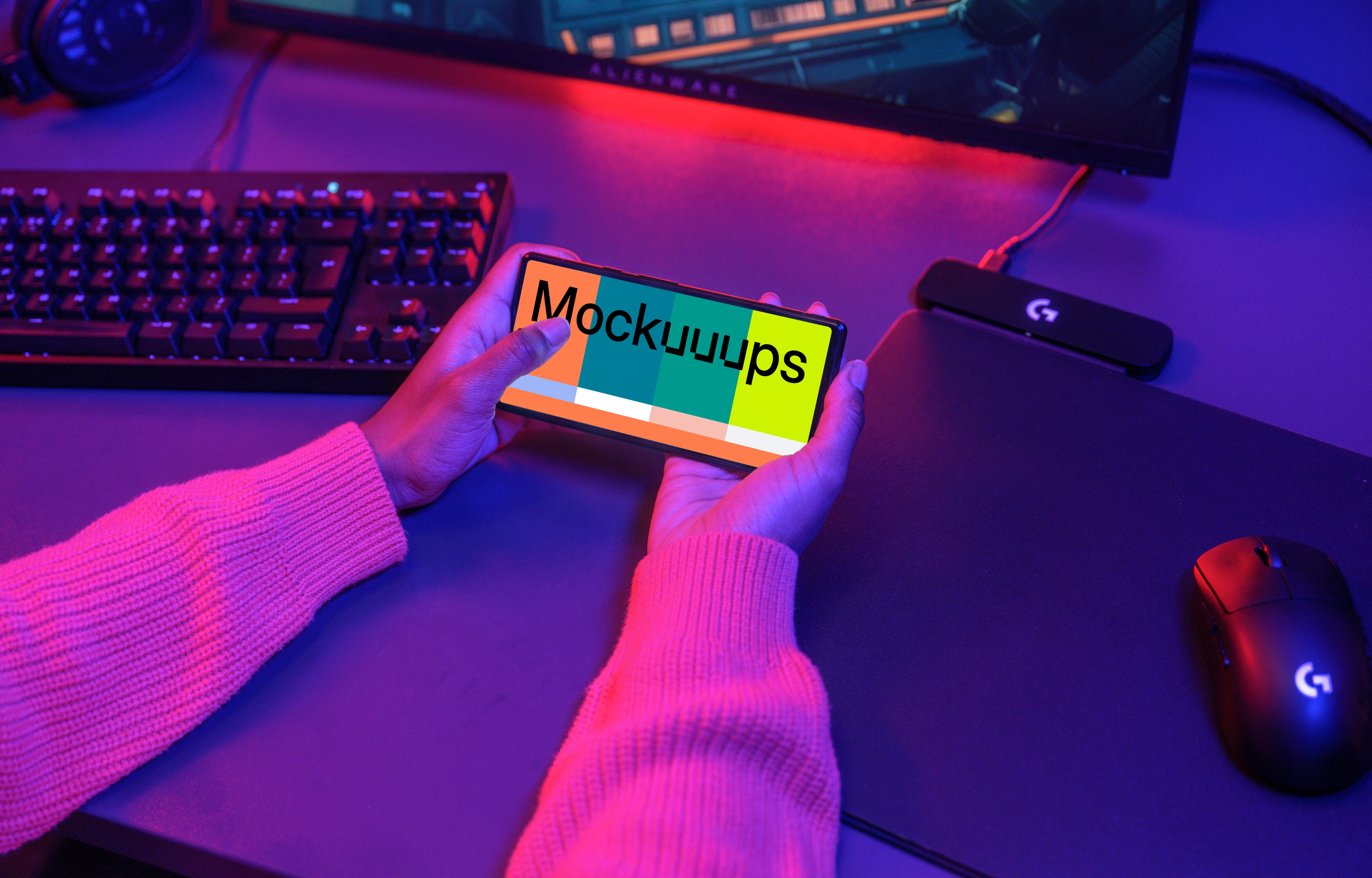 Google Pixel 6 Mockup in a Gamer's Hand with Neon Lights