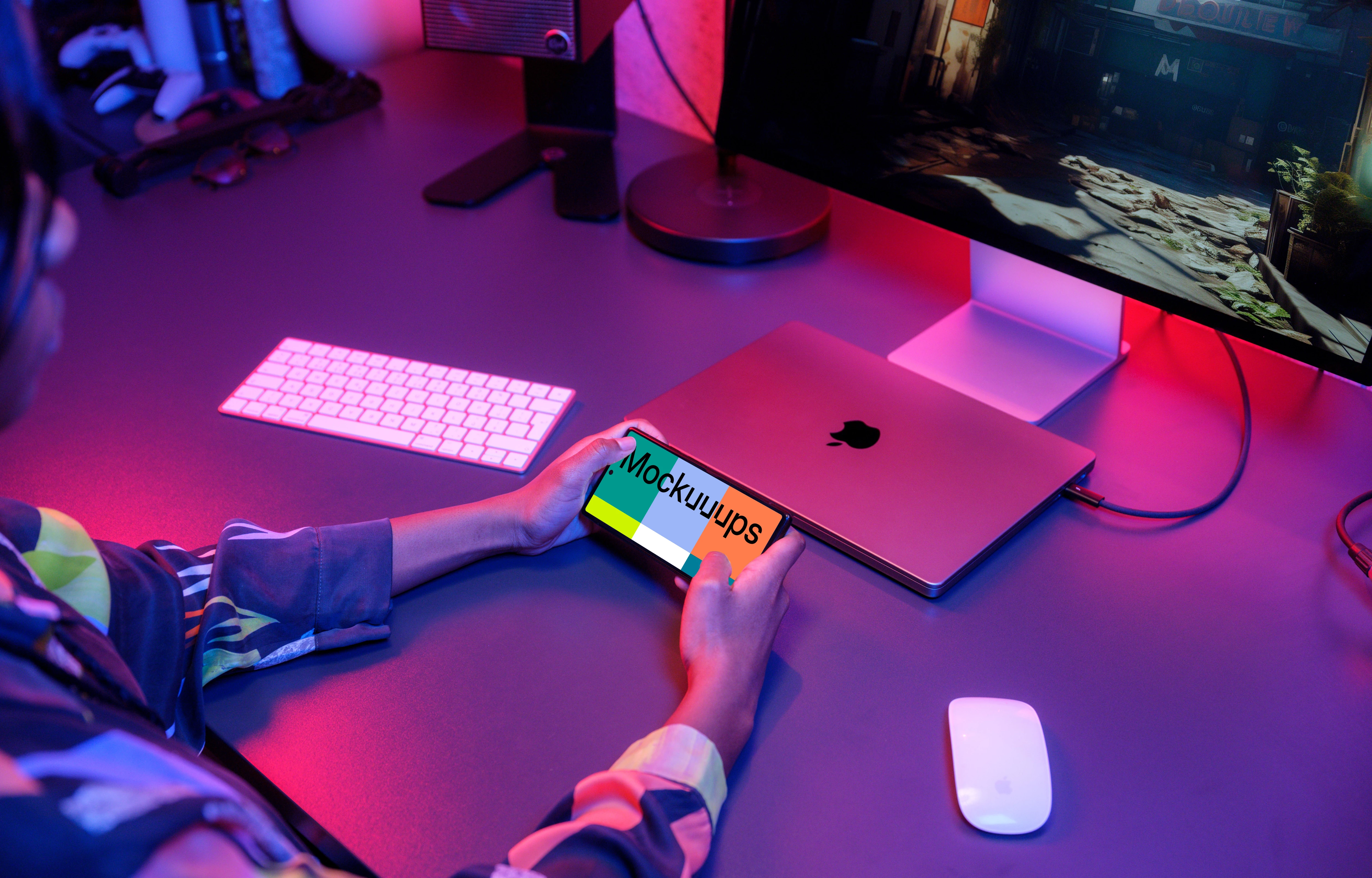 Google Pixel 6 mockup in a neon-lit gaming setup