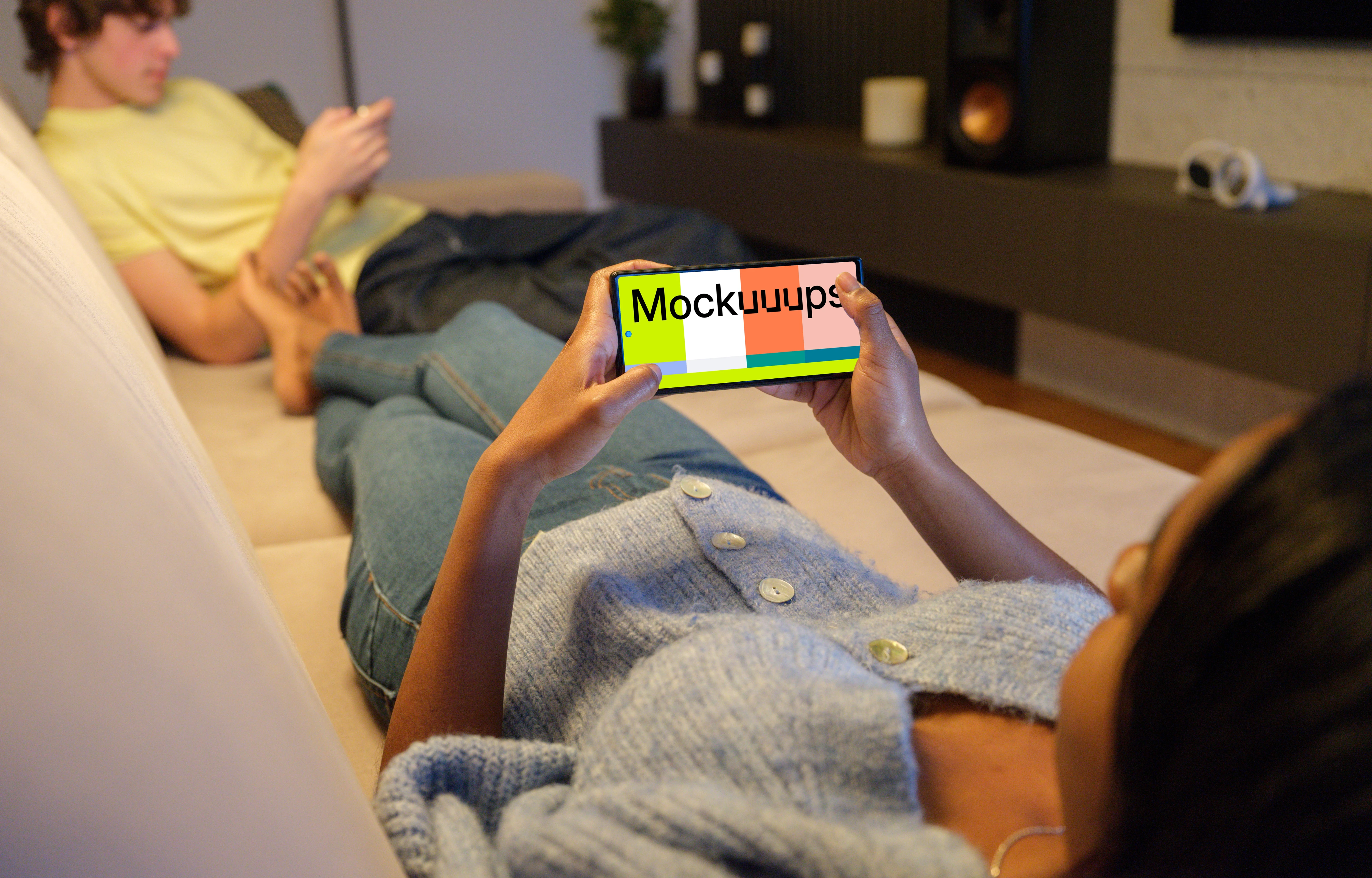 Google Pixel 6 mockup in casual home gaming