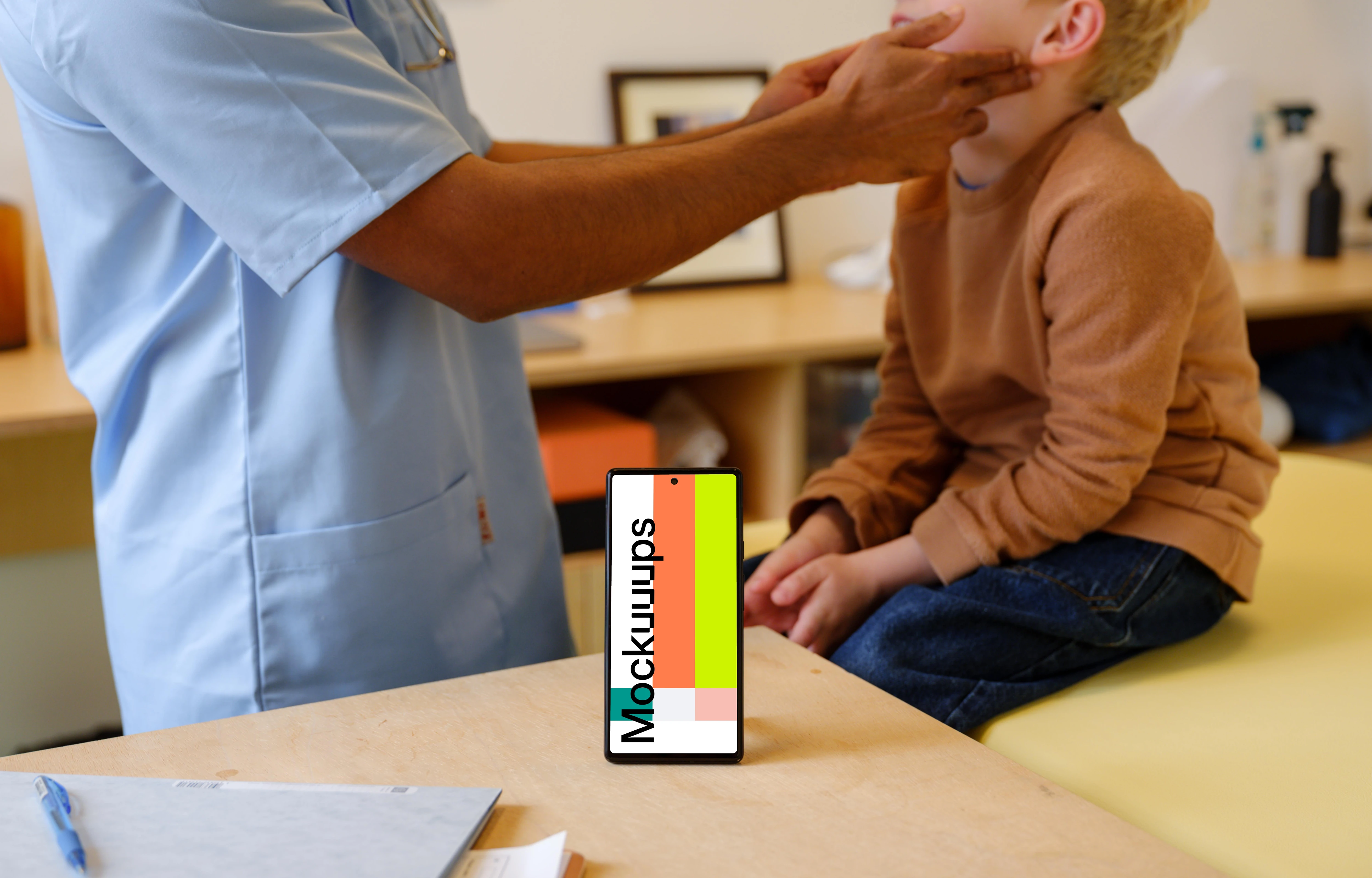 Google Pixel 6 mockup in the children's doctor's office