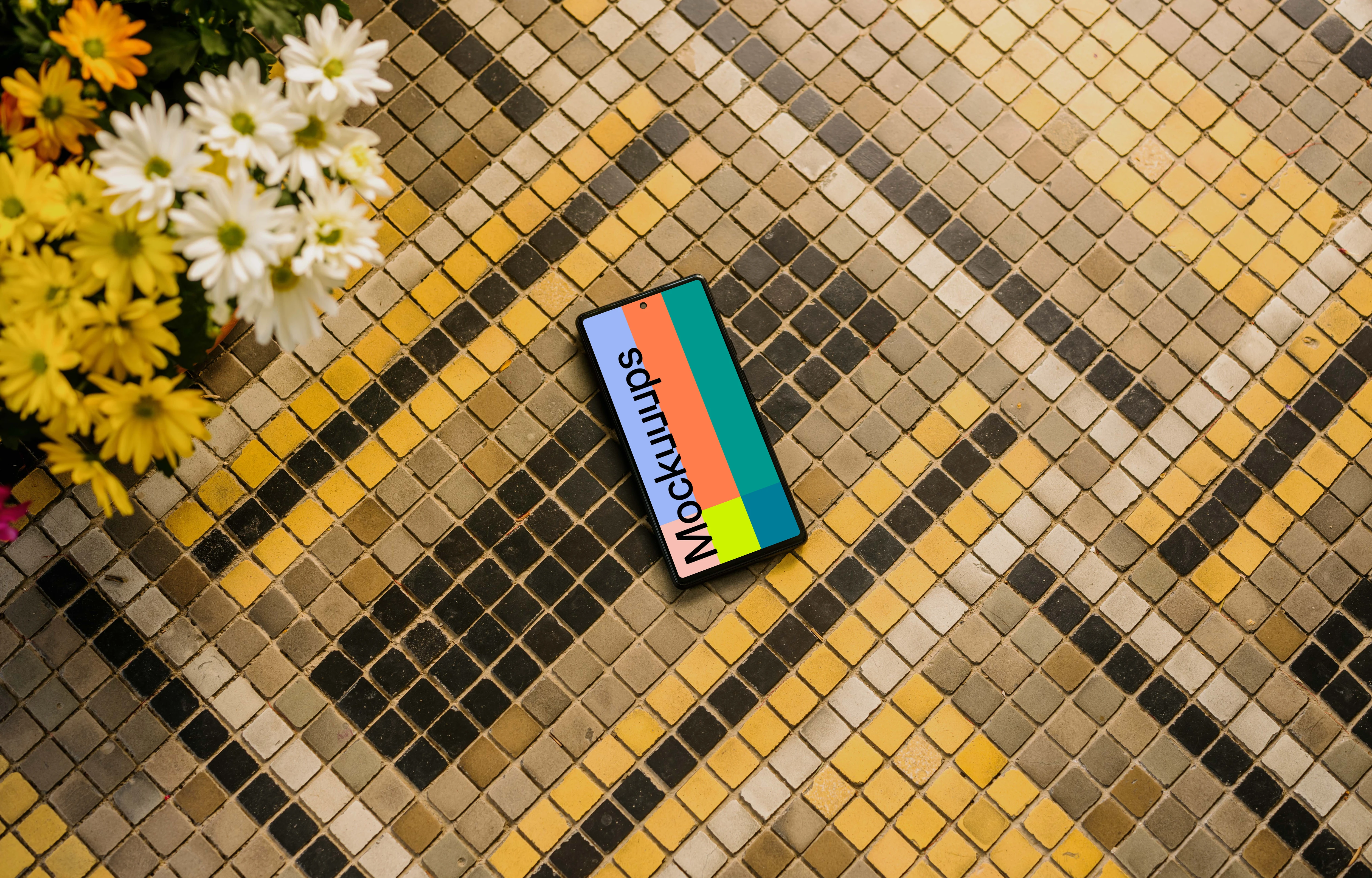 Google Pixel 6 mockup on a stone paving