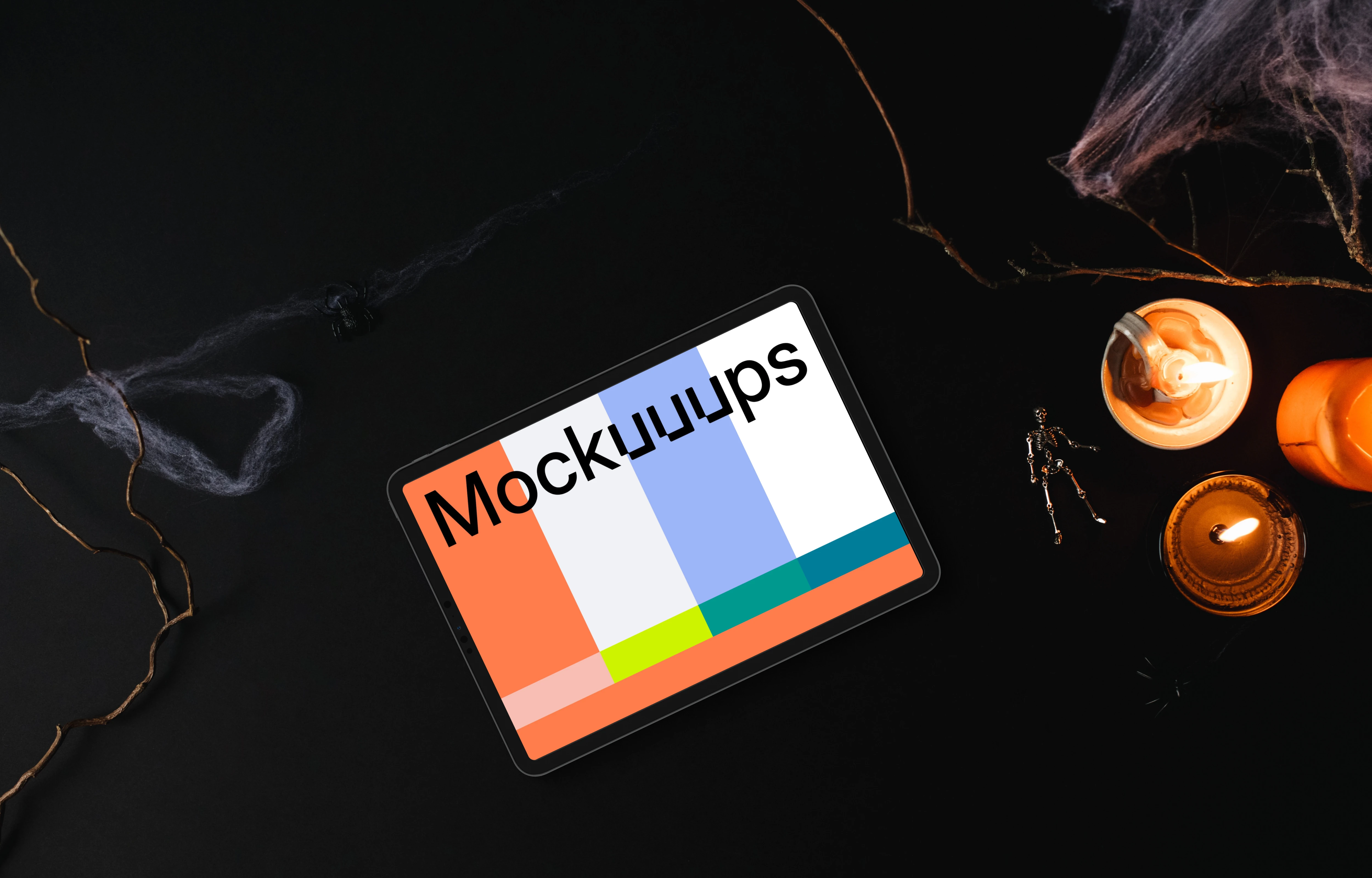 Halloween pumpkin mockup with a landscape tablet mockup