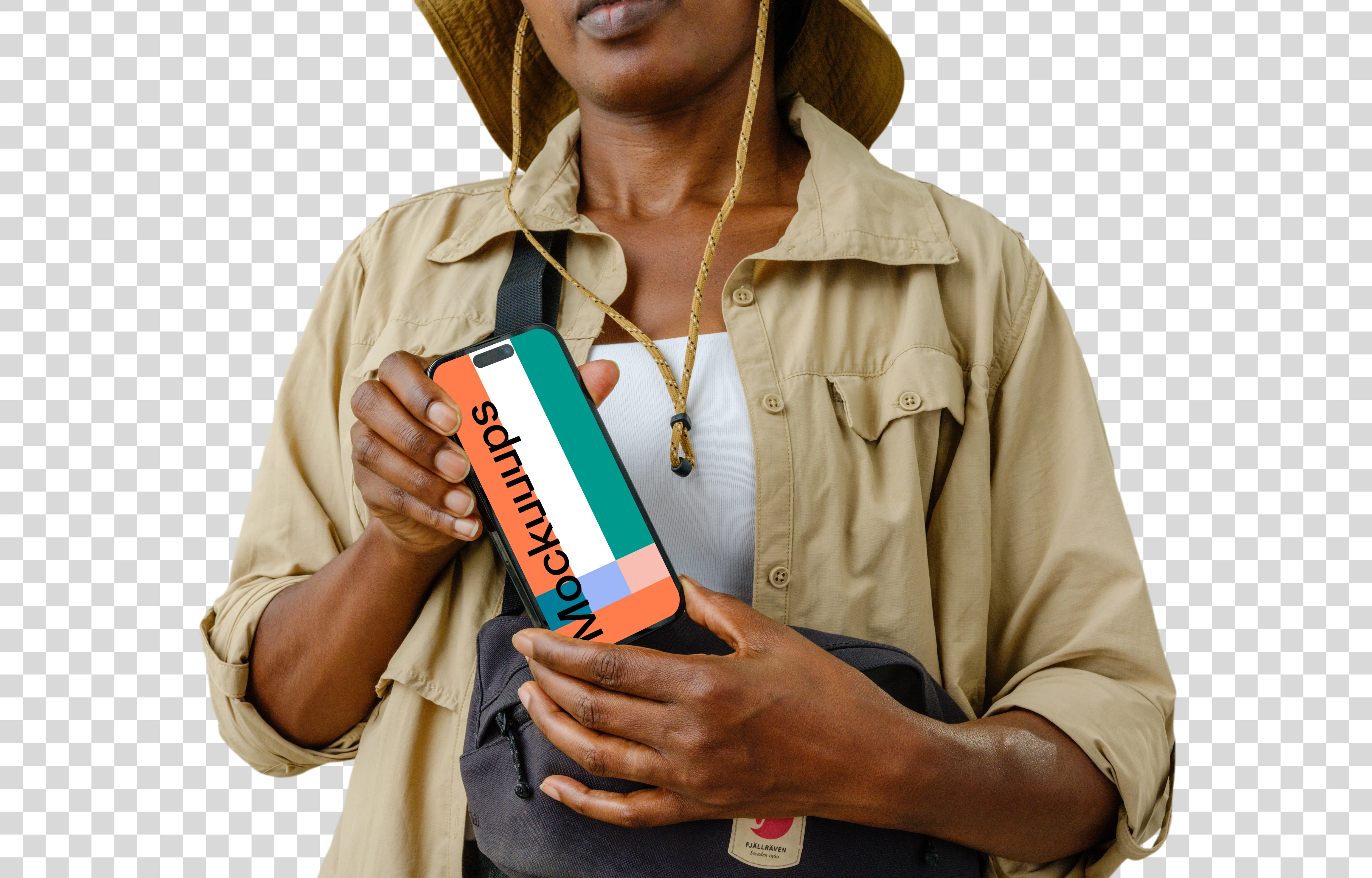 Female tourist with a phone mockup
