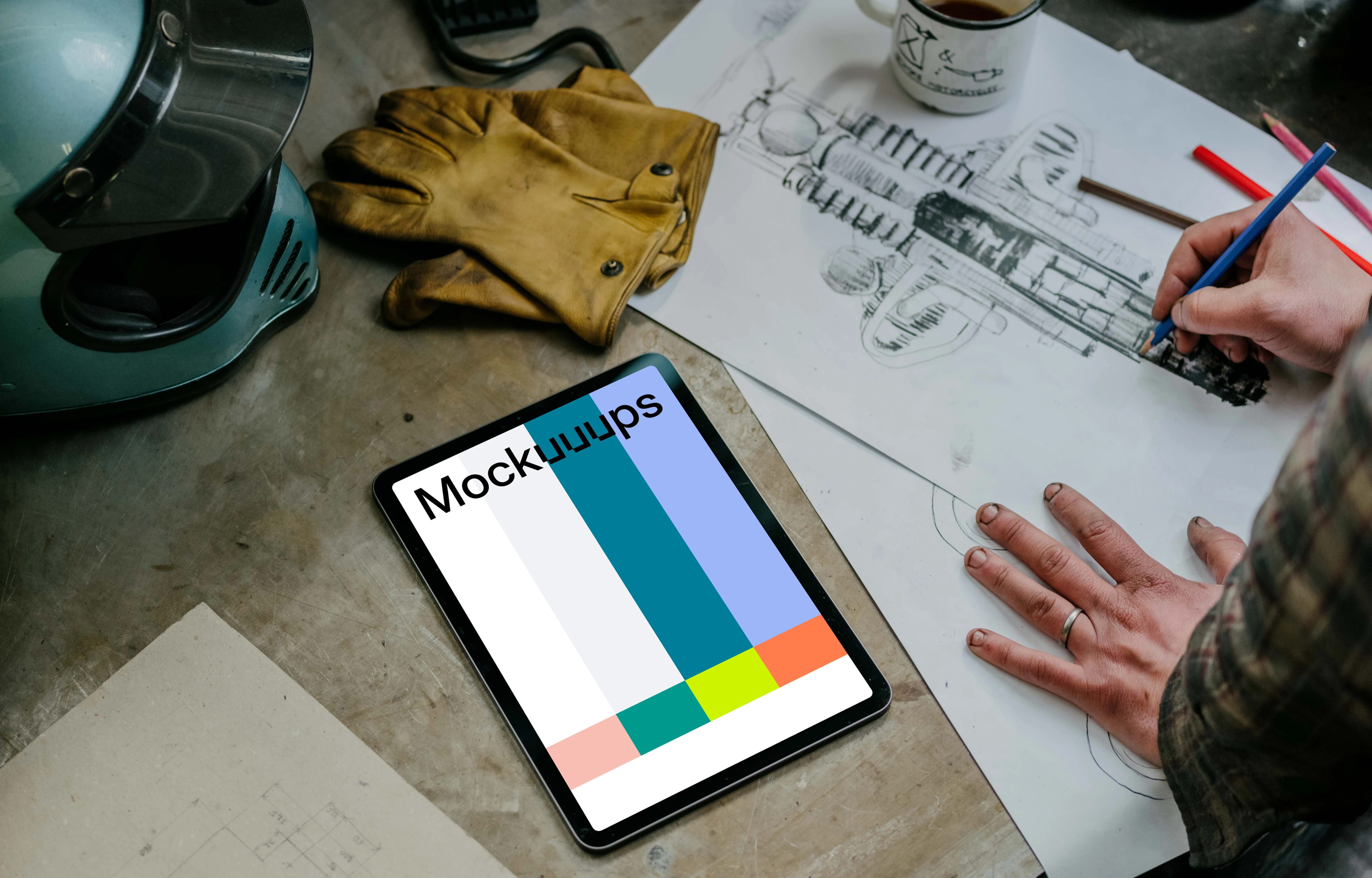 iPad Air mockup beside a technical drawing