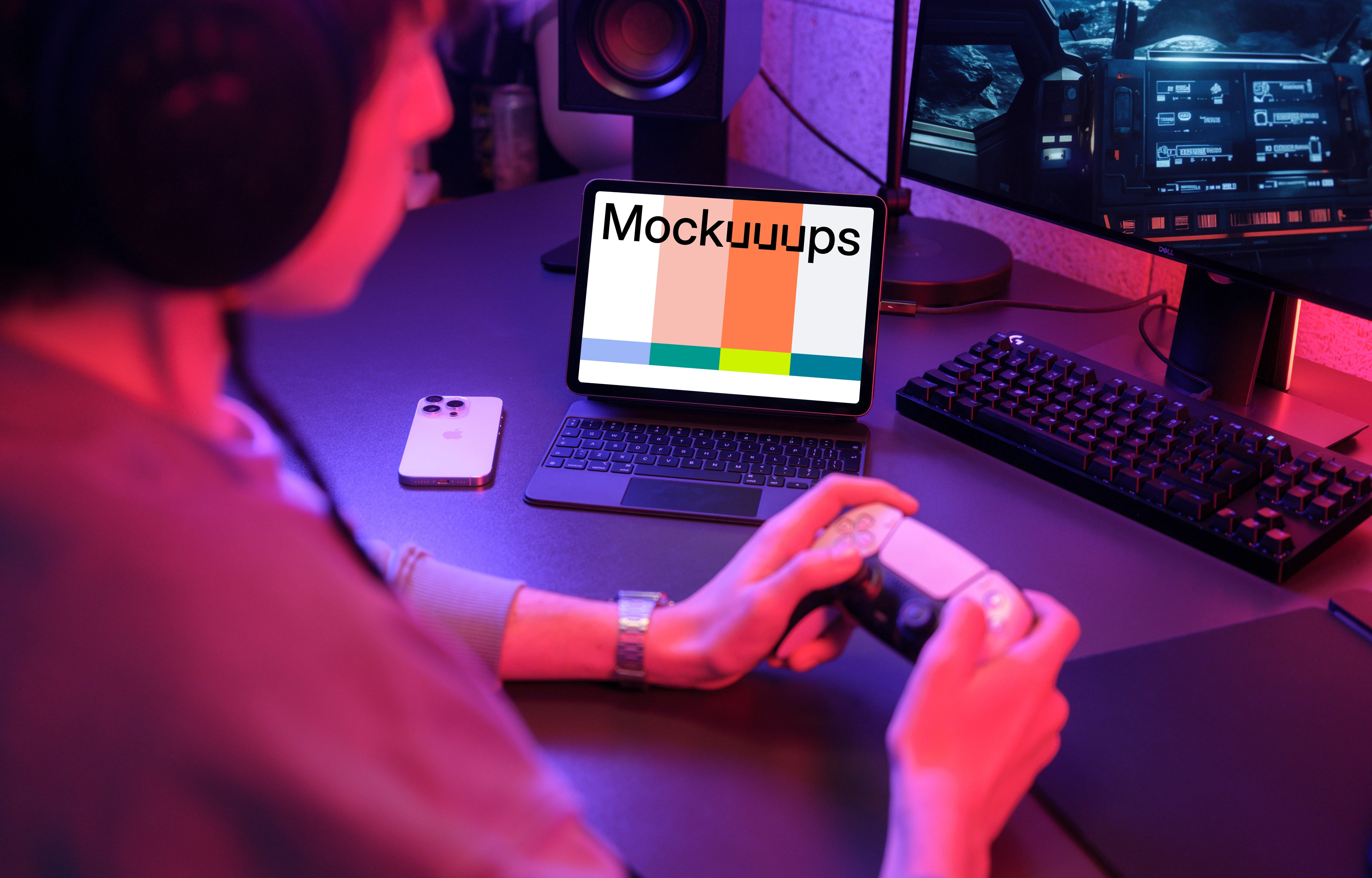 iPad Air mockup in a gaming setup with ambient lighting