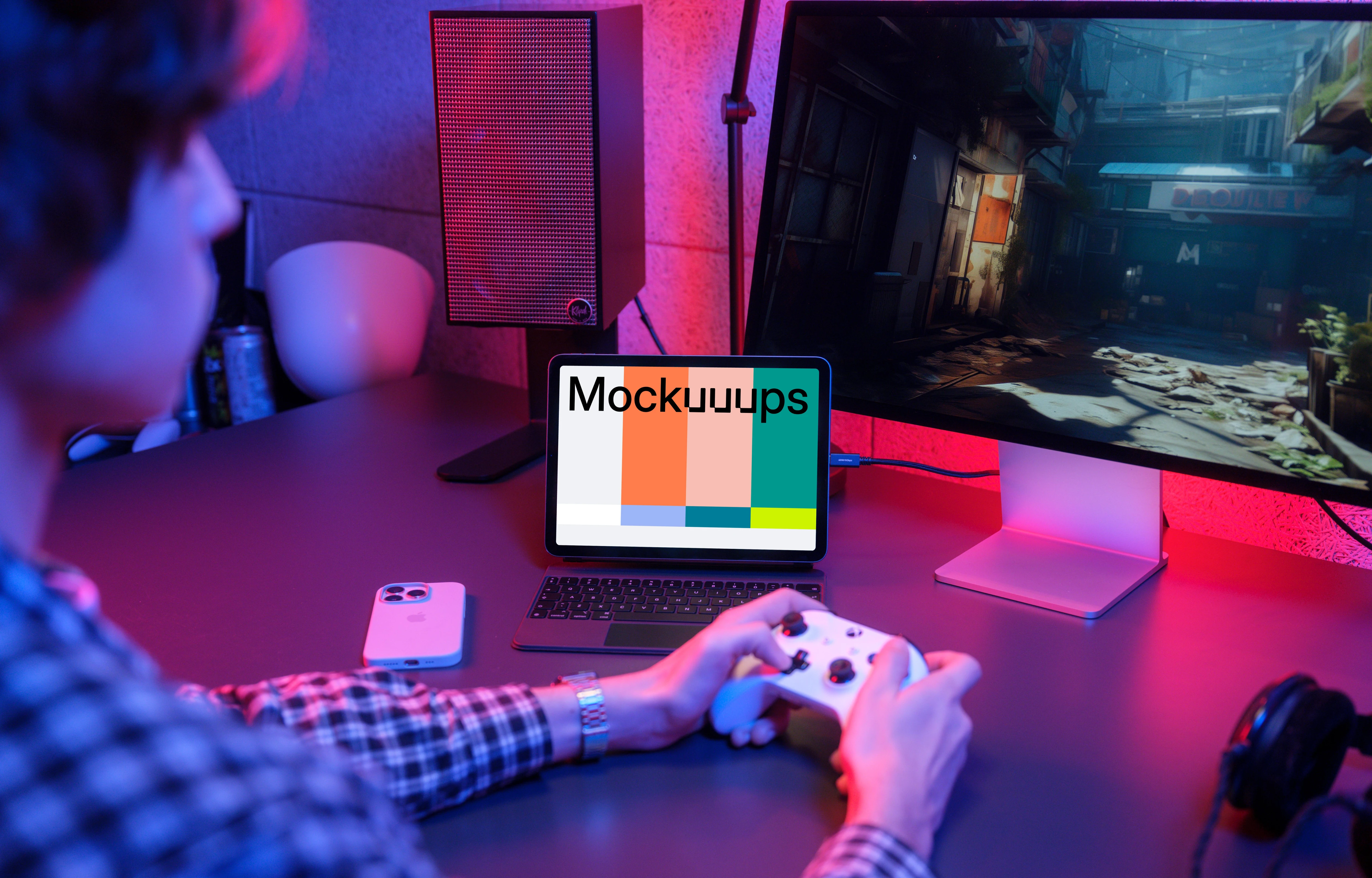 iPad Air Mockup in Gaming Setup with Controller and LED Lights