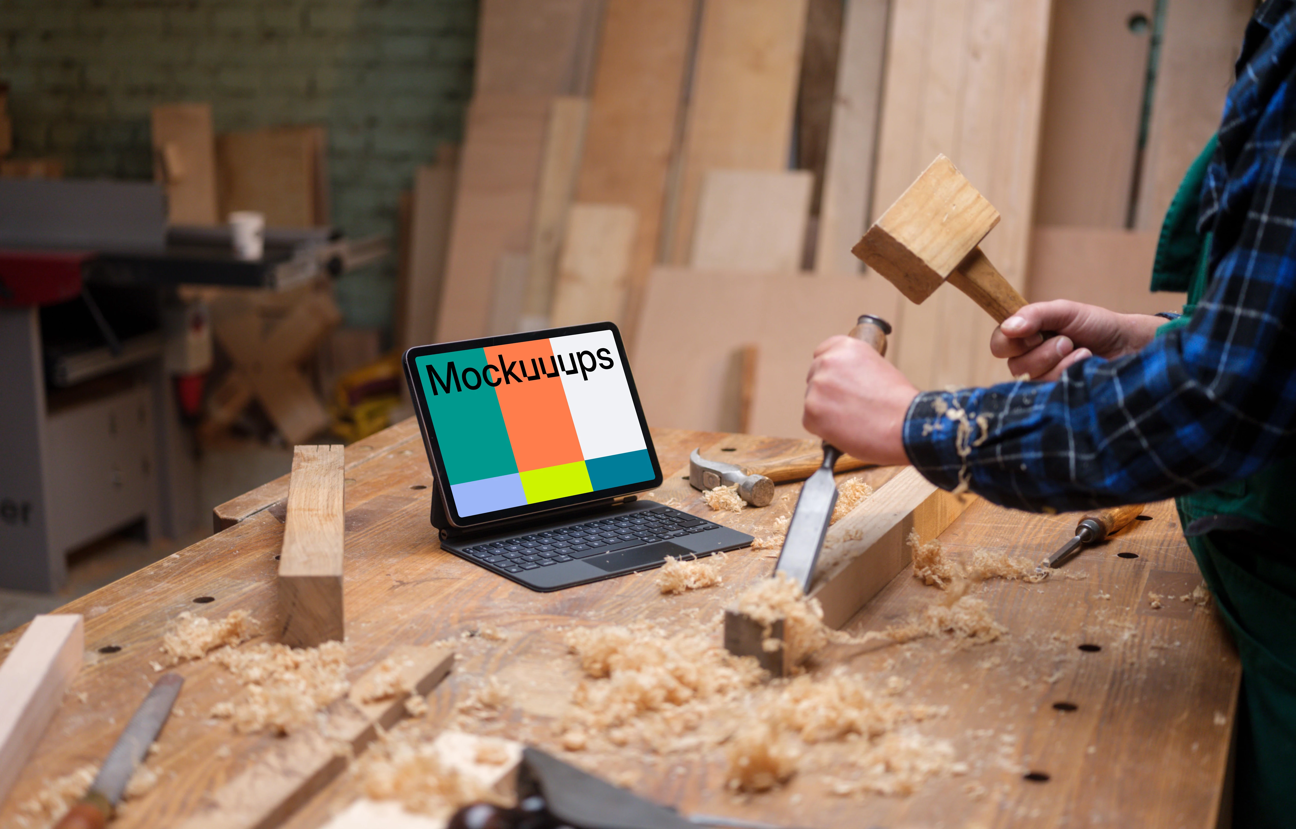 iPad Air mockup in the woodworking workshop
